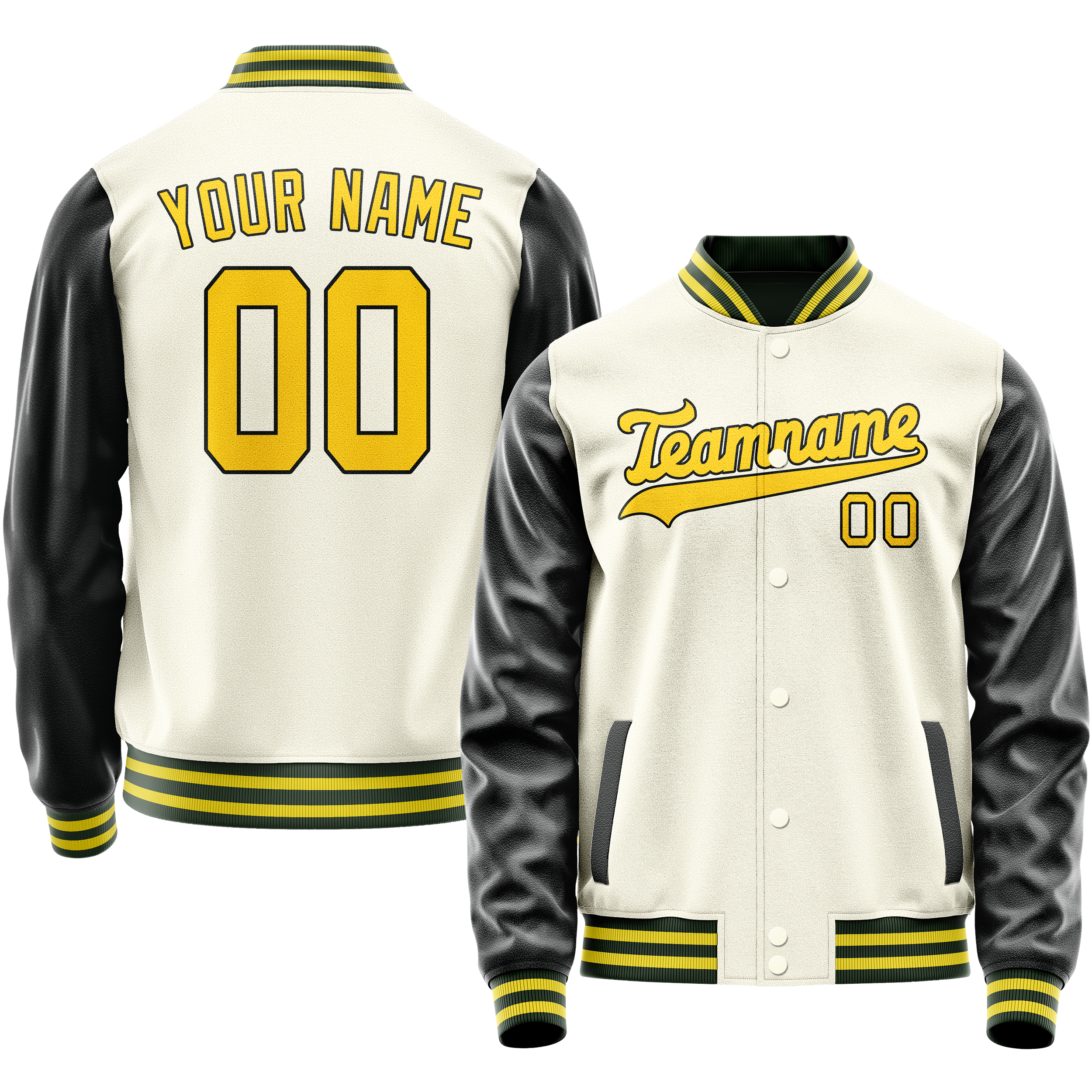 カスタムクリームブラックソリッドカラーバーシティレターマンジャケット