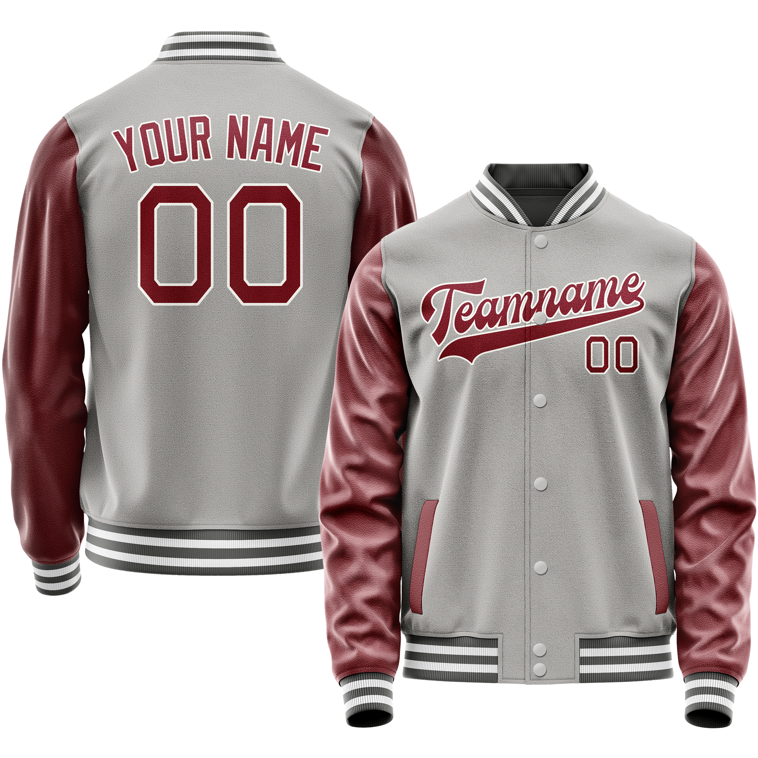 カスタムグレークリムゾンソリッドカラーバーシティレターマンジャケット