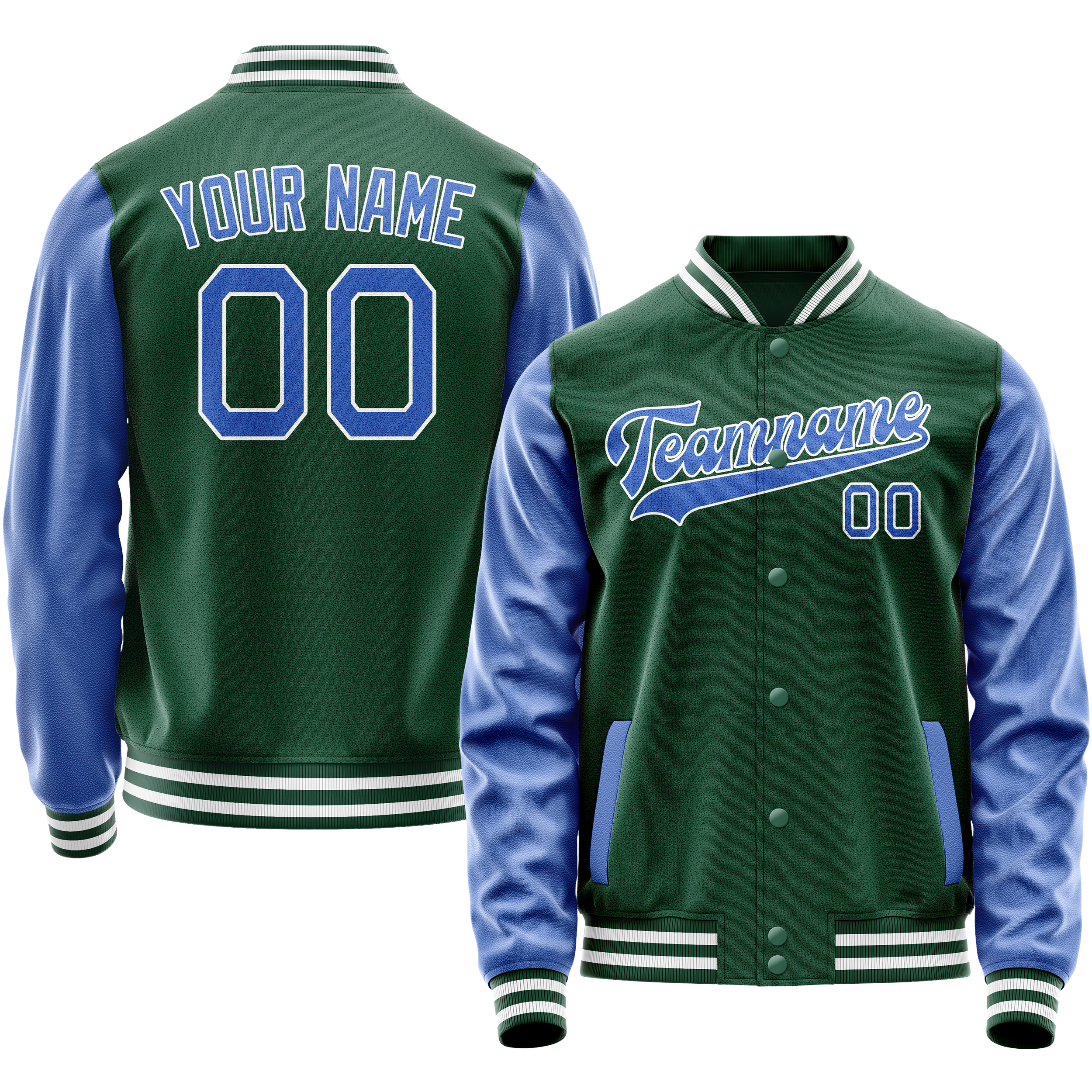 カスタムグリーンライトブルー無地バーシティレターマンジャケット