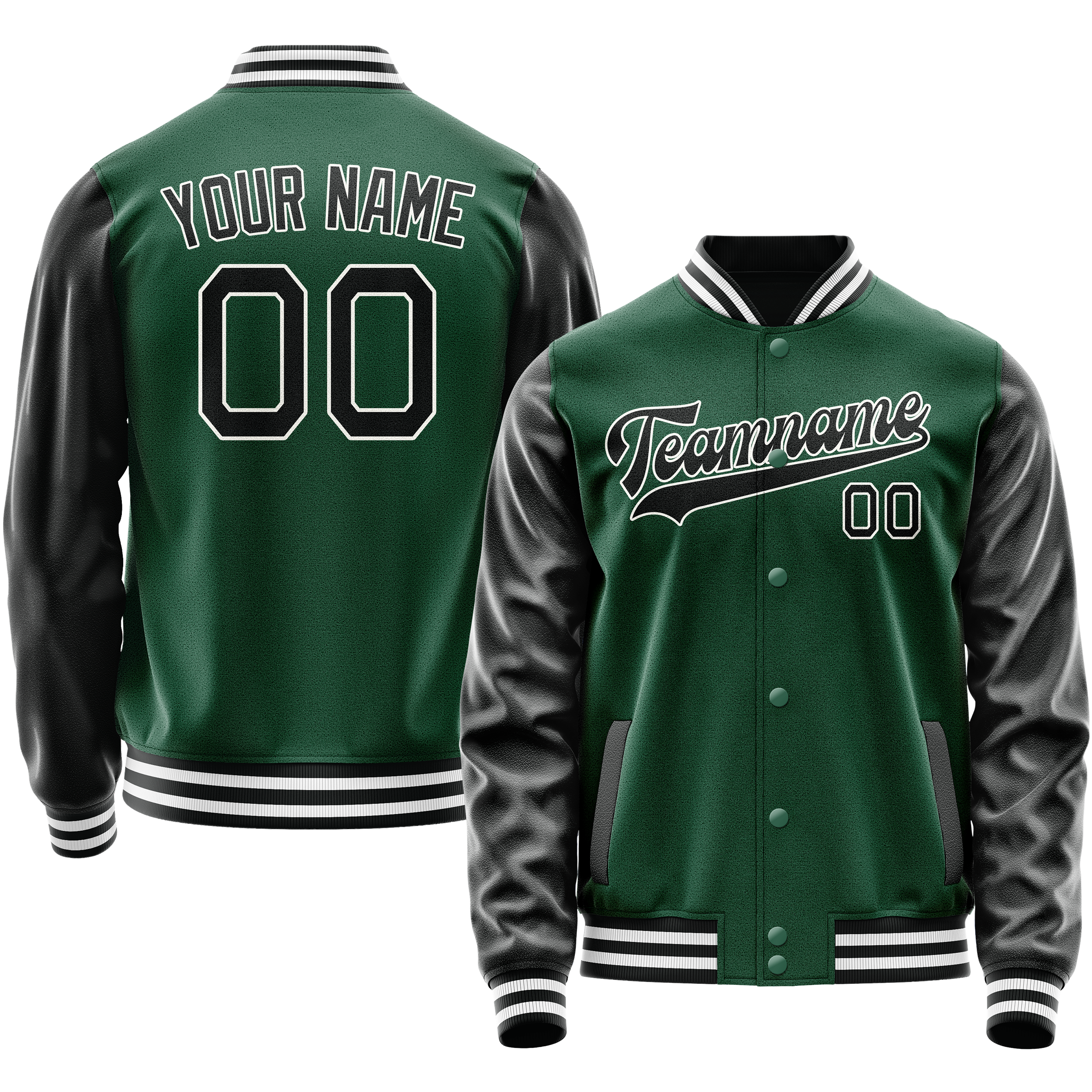 カスタムグリーンブラックソリッドカラーバーシティレターマンジャケット