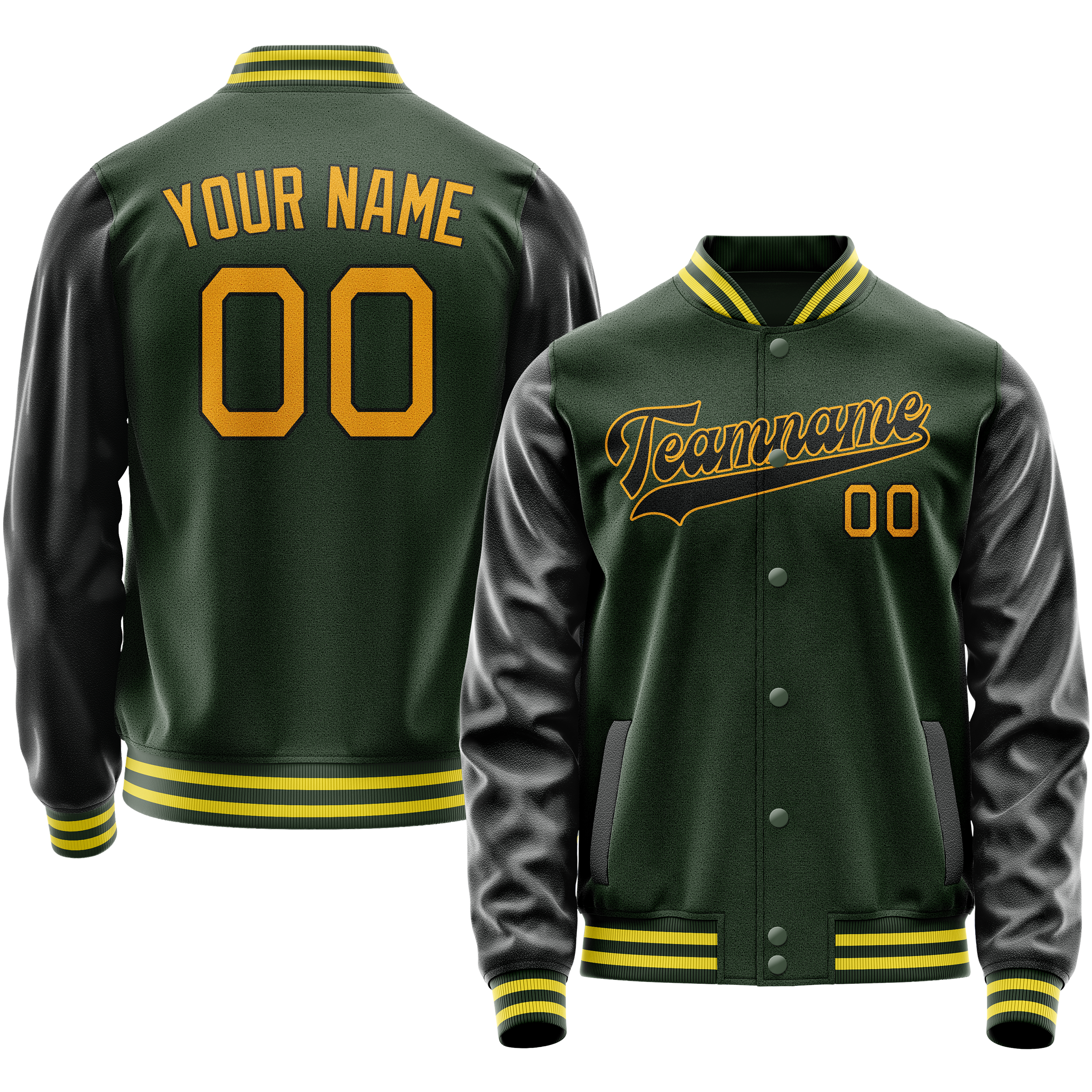 Custom Green Gold Solid Color Varsity Letterman Jacket