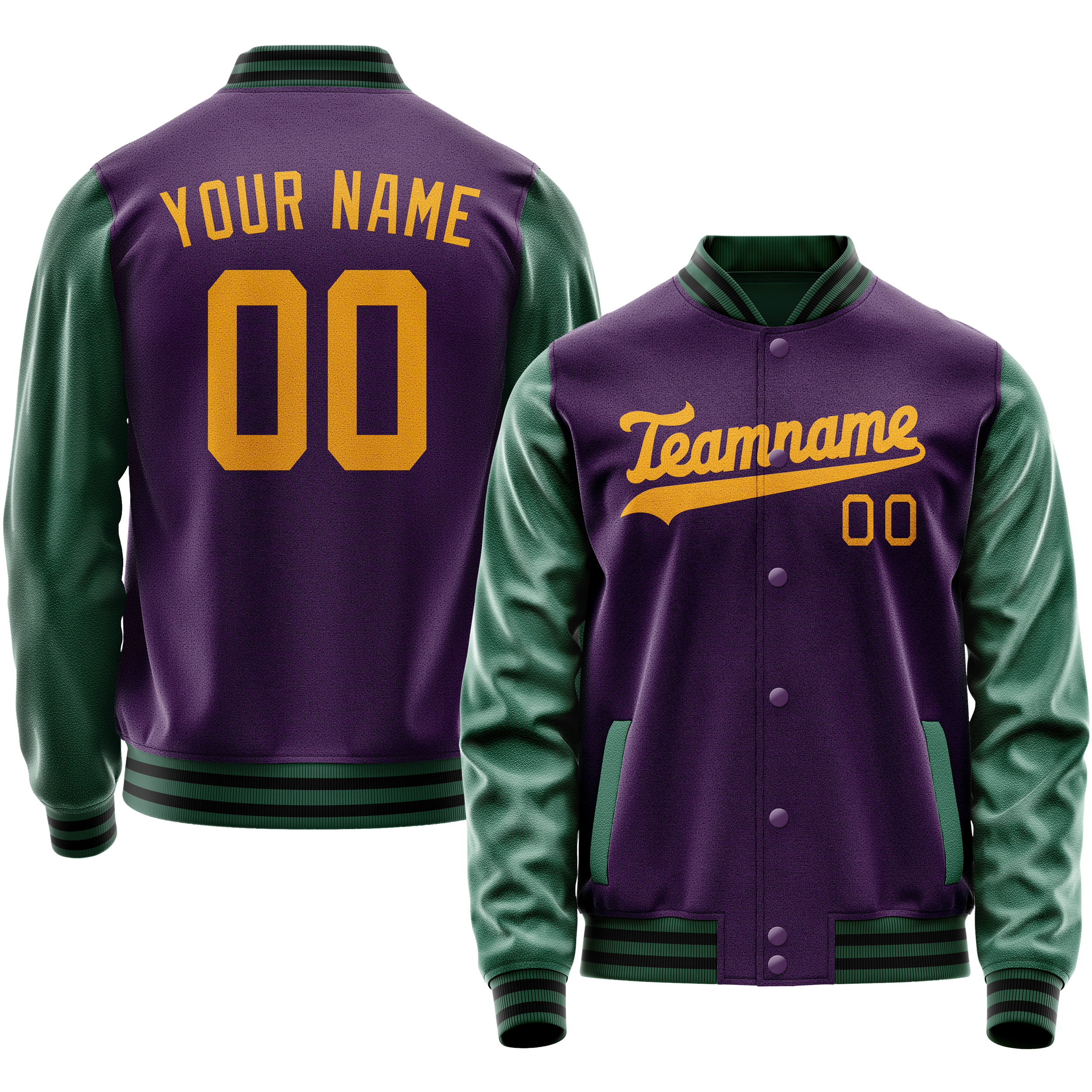 カスタムパープルグリーン無地バーシティレターマンジャケット