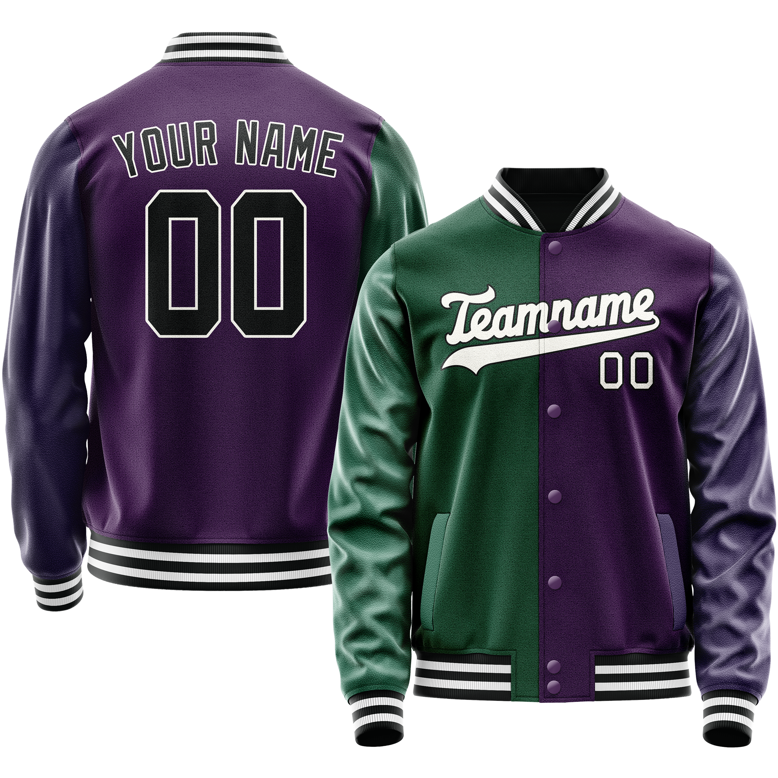 カスタムパープルグリーンスプリットバーシティレターマンジャケット