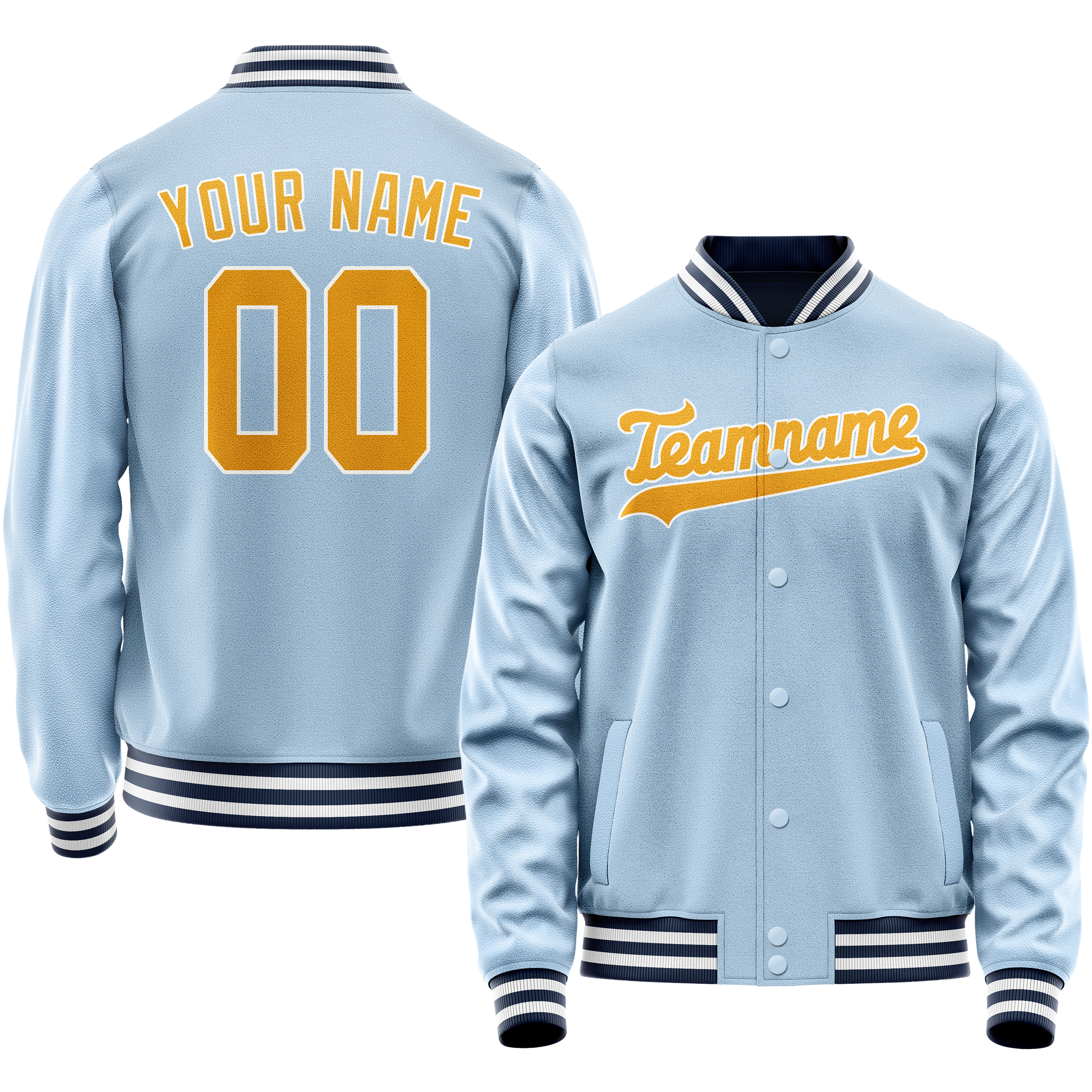 カスタムライトブルーゴールドソリッドカラーバーシティレターマンジャケット