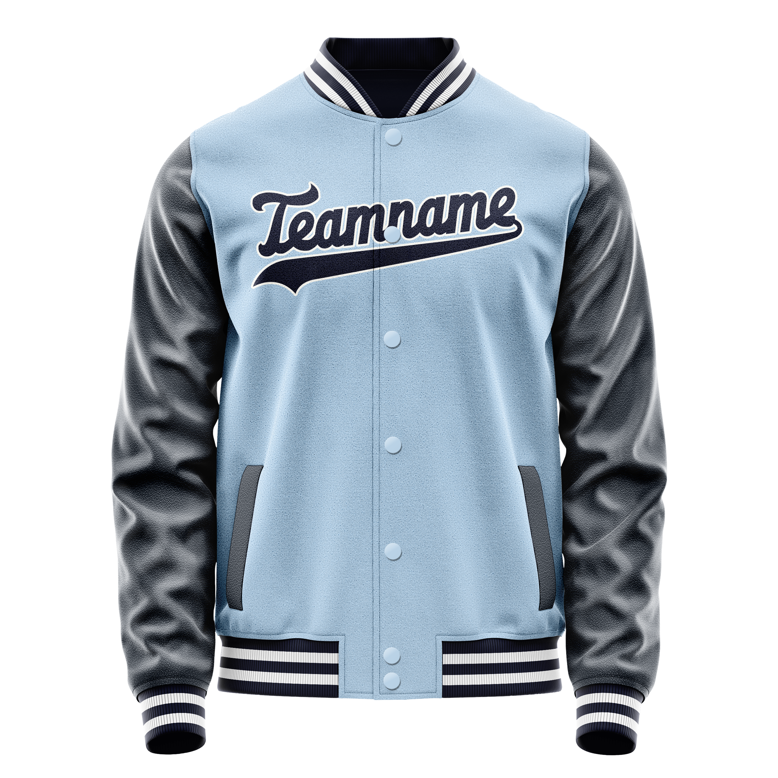カスタムライトブルーネイビー無地バーシティレターマンジャケット