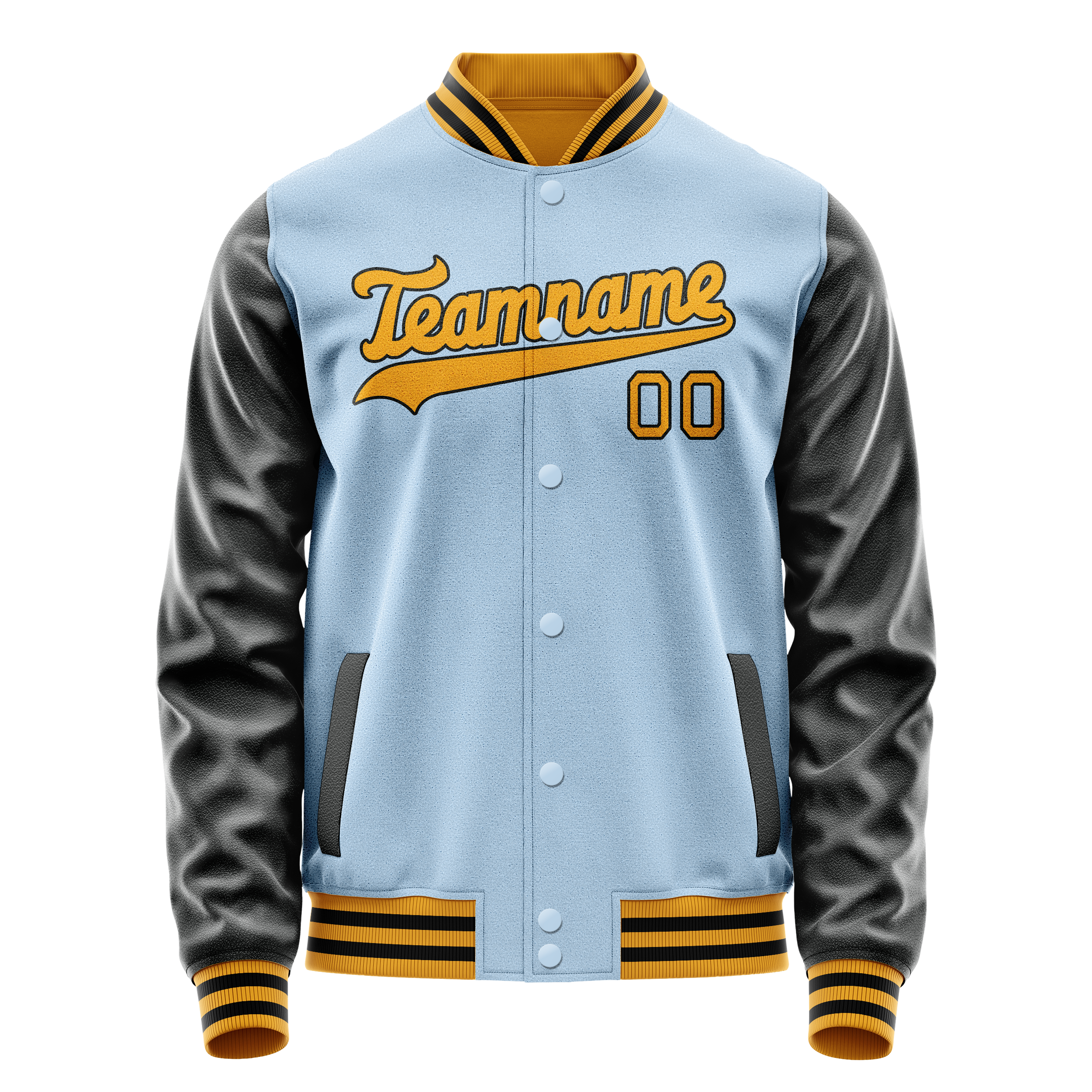 カスタムライトブルーブラックソリッドカラーバーシティレターマンジャケット