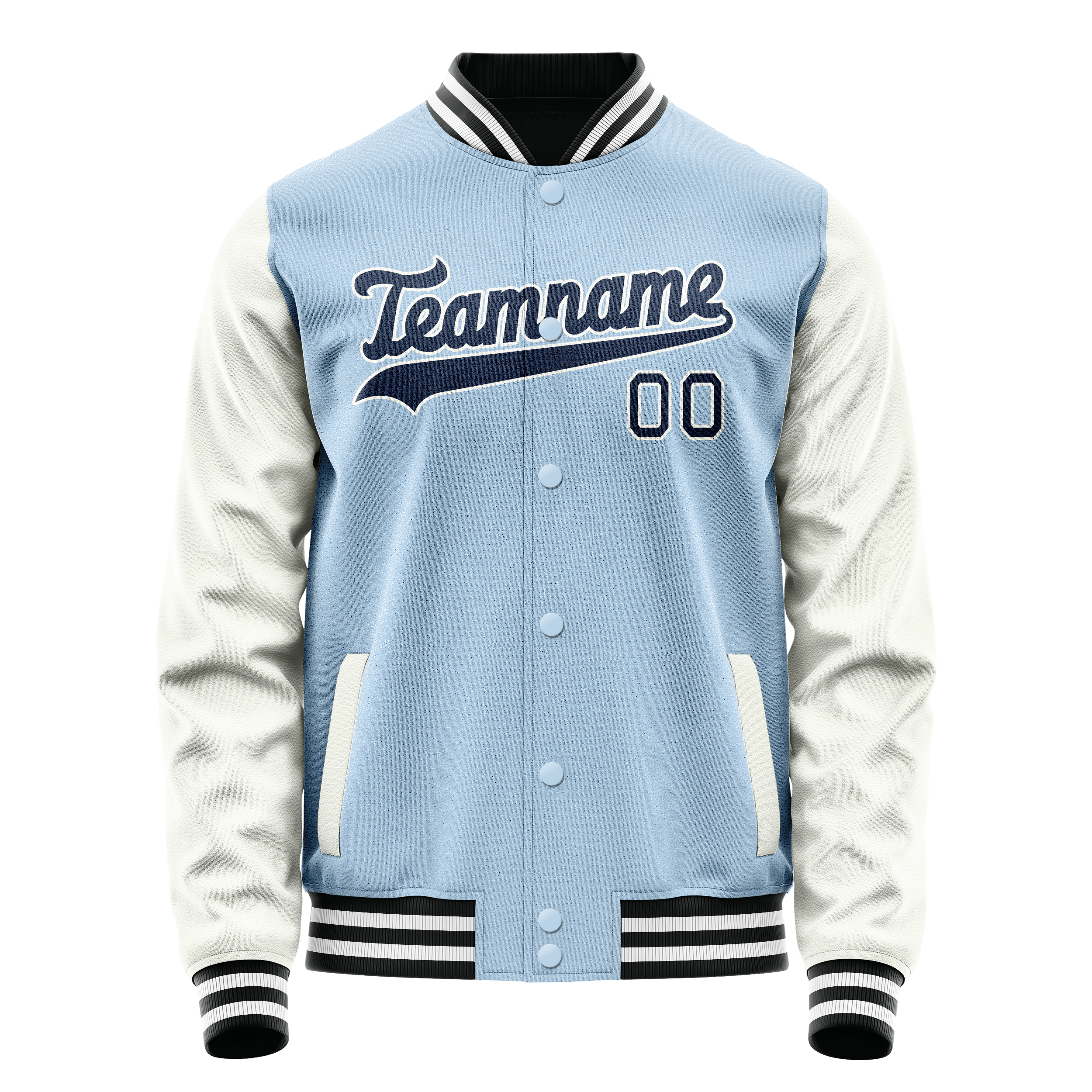 カスタムライトブルーネイビー無地バーシティレターマンジャケット