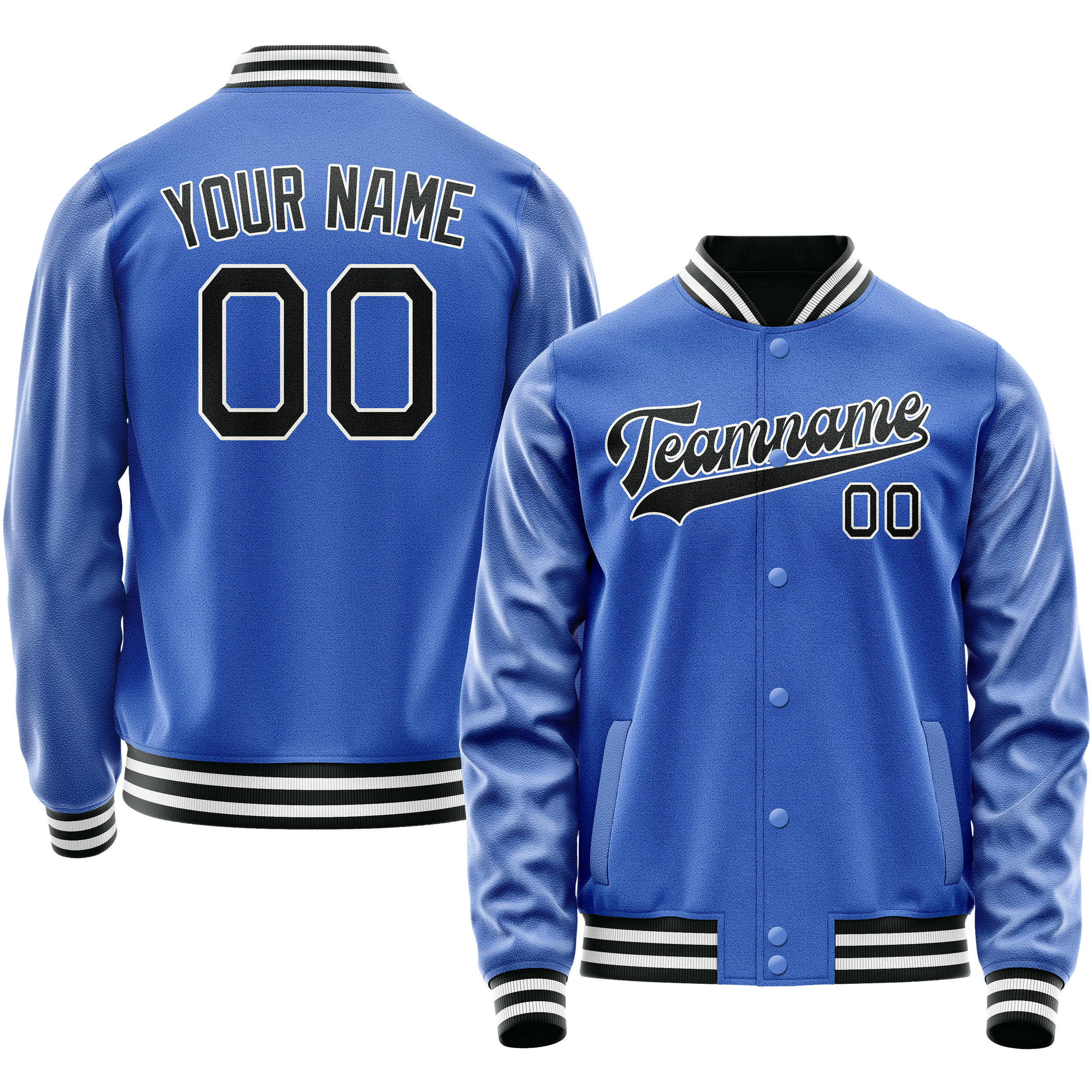 カスタムスカイブルーブラックソリッドカラーバーシティレターマンジャケット