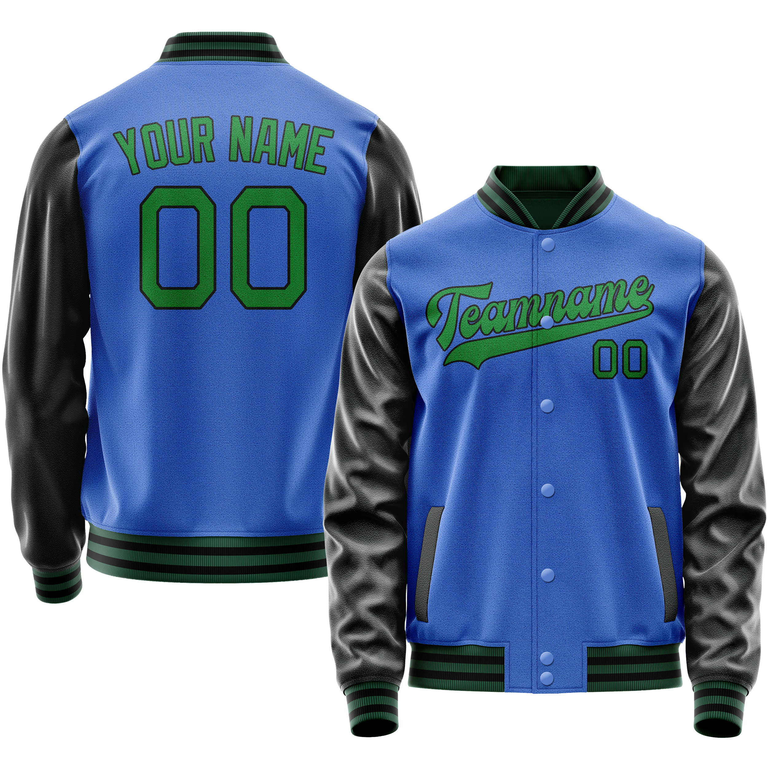 カスタムスカイブルーネオングリーン無地バーシティレターマンジャケット