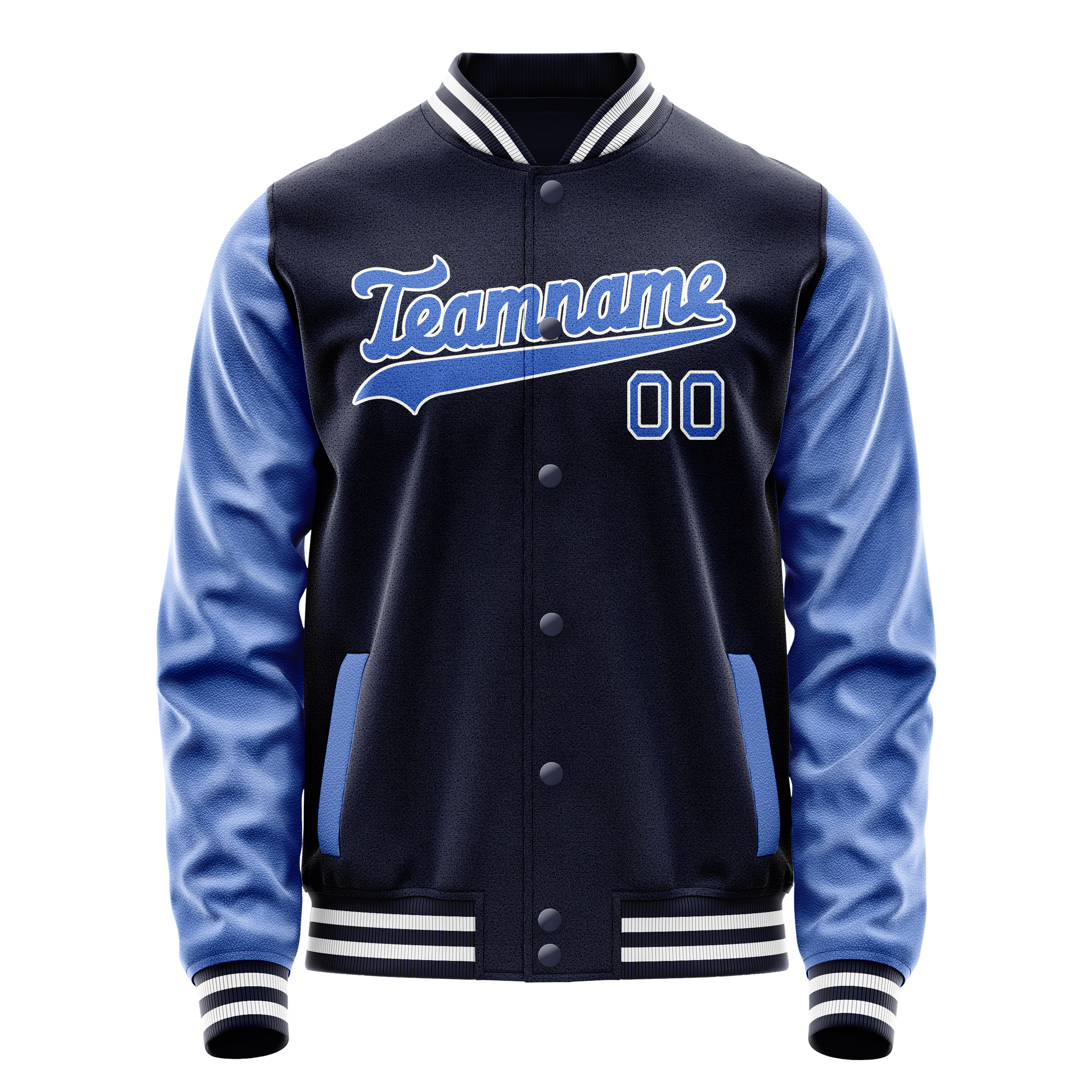 カスタムネイビーブルー無地バーシティレターマンジャケット