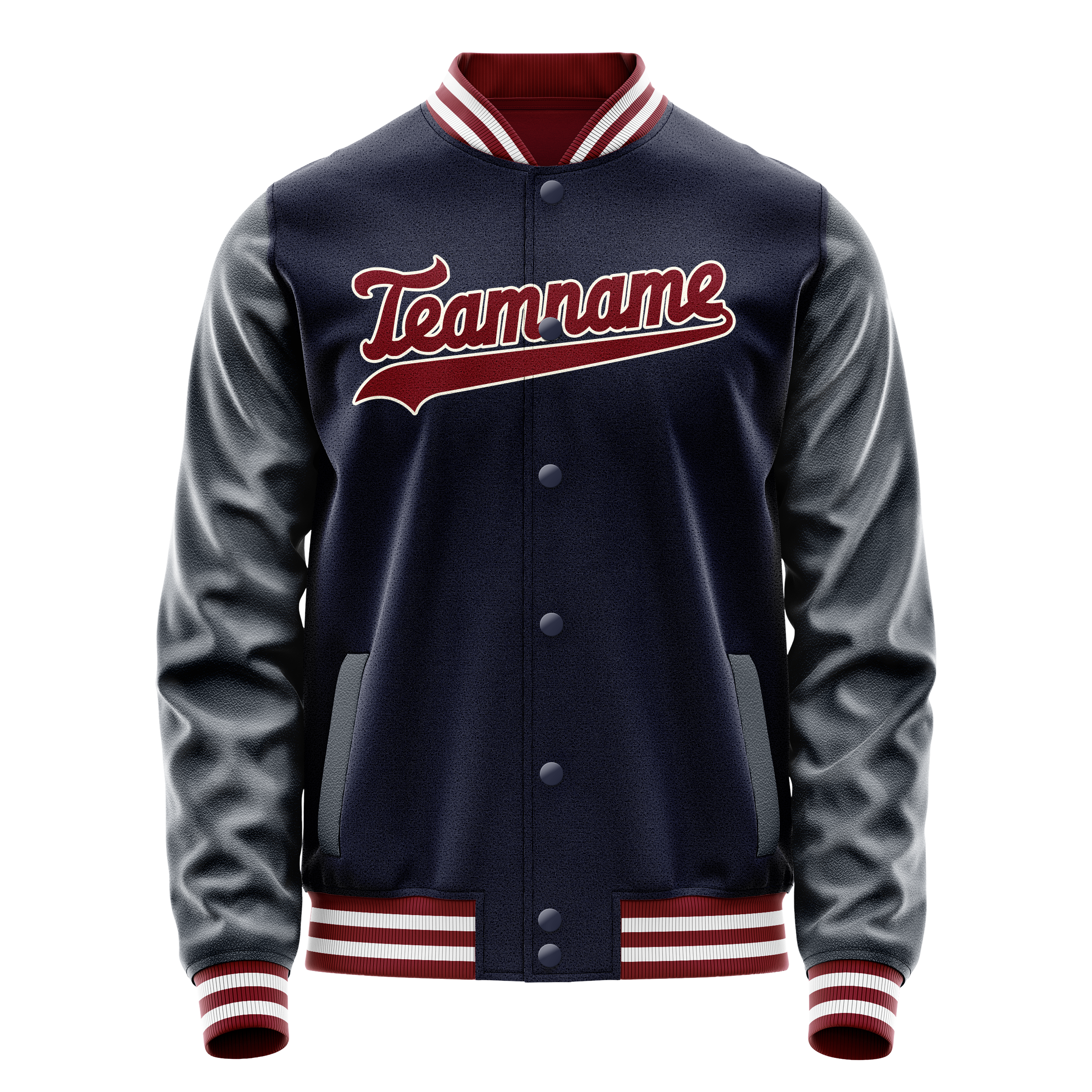 カスタムネイビークリムゾンソリッドカラーバーシティレターマンジャケット