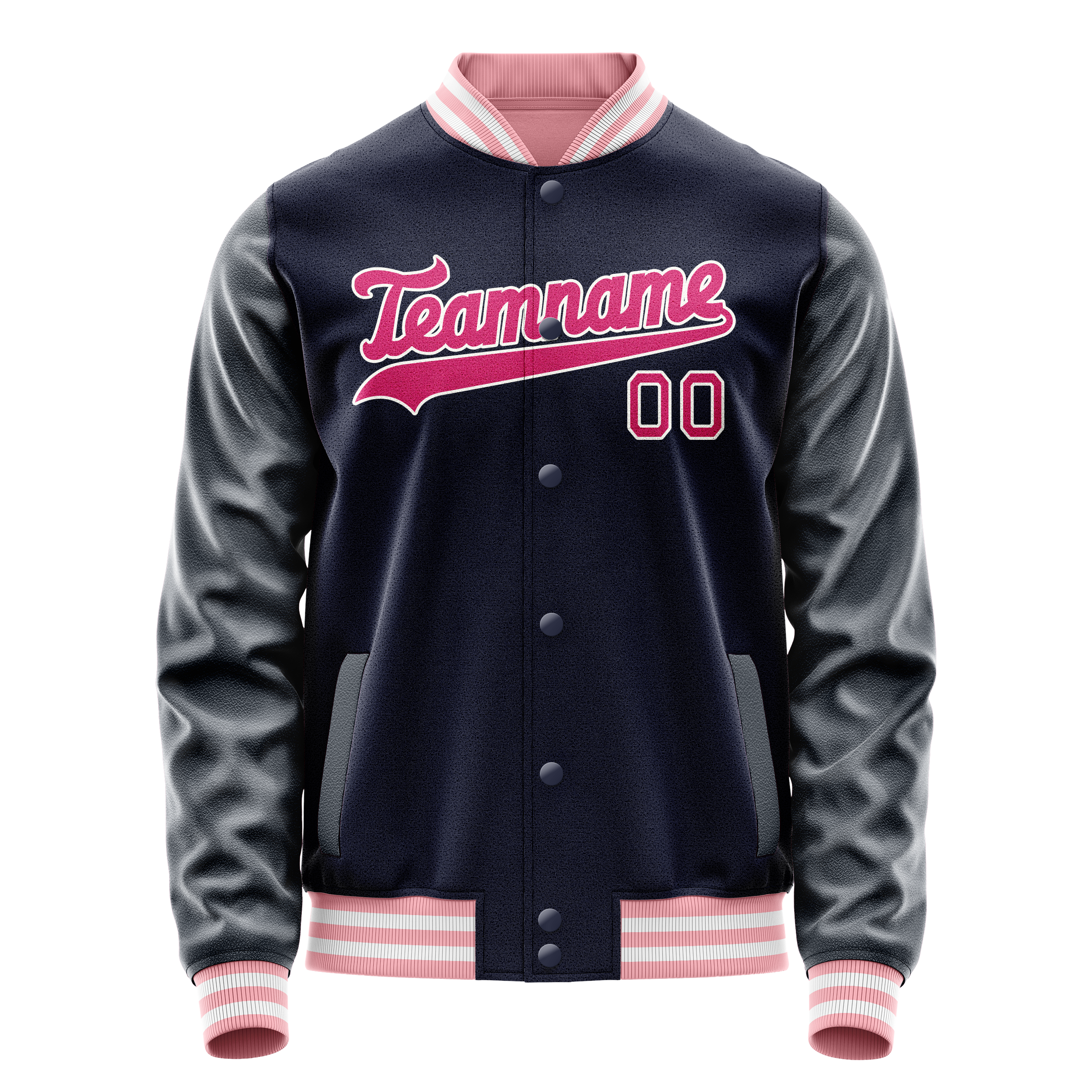 カスタムネイビーピンク無地バーシティレターマンジャケット