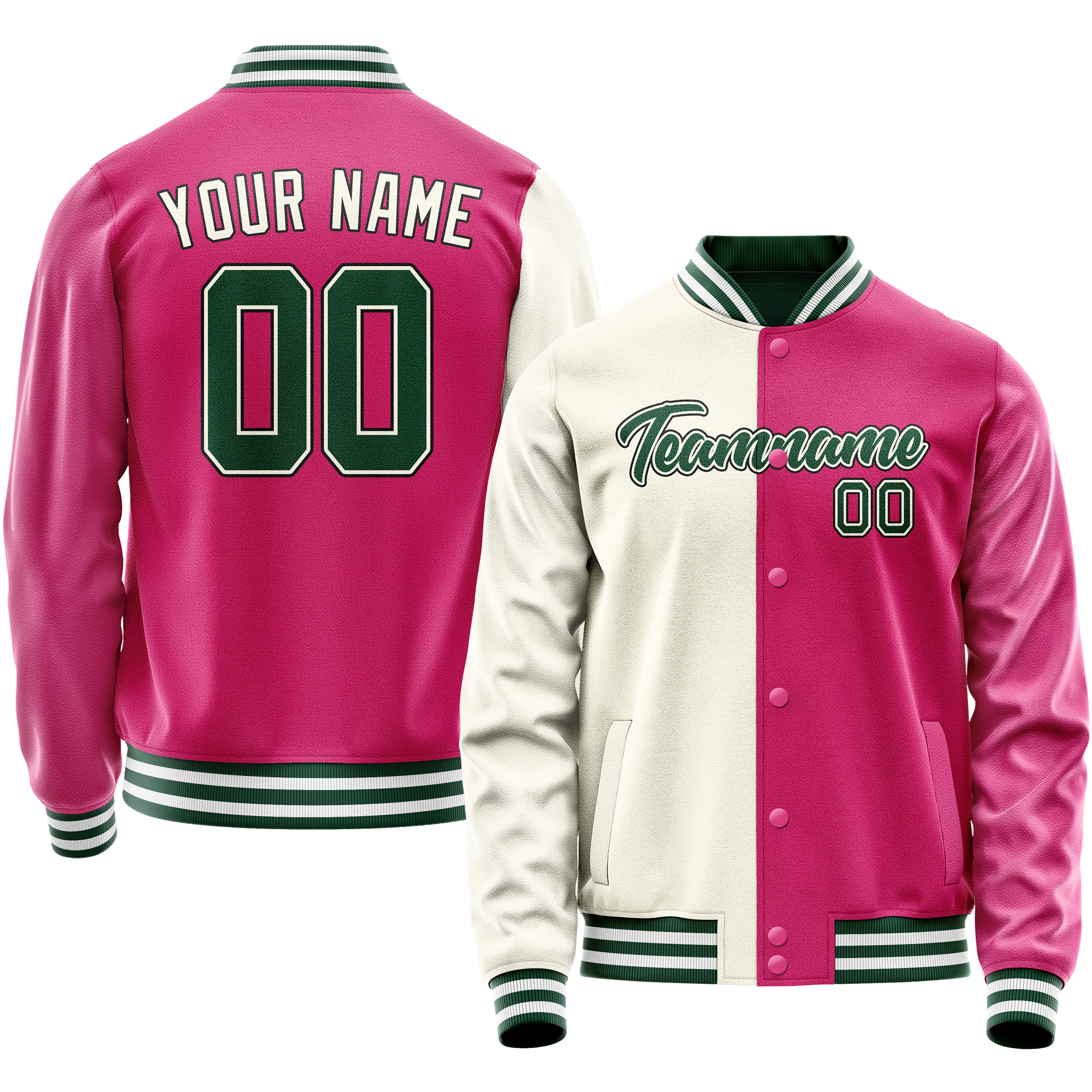 カスタム ピンク クリーム スプリット バーシティ レターマン ジャケット