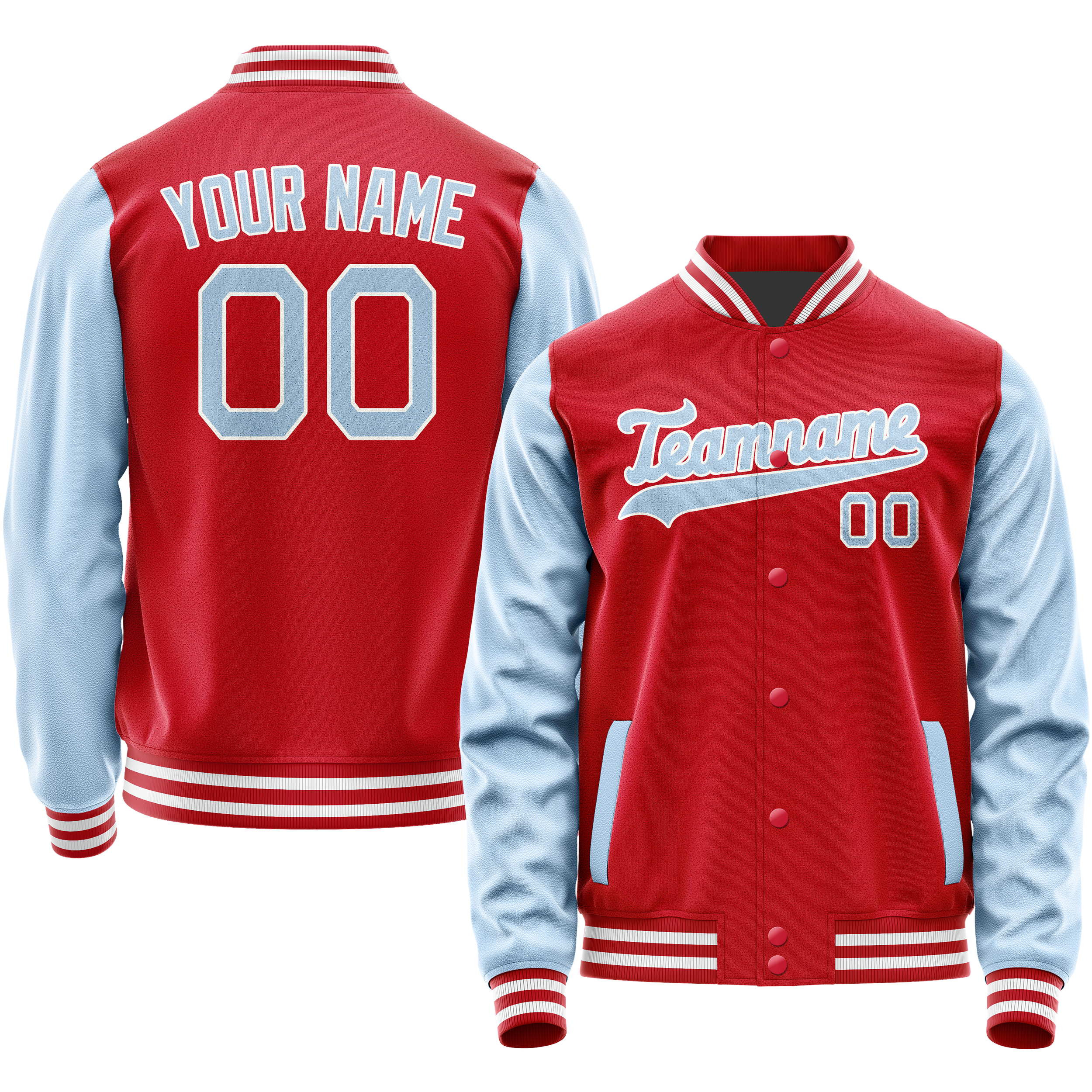 カスタムレッドライトブルー無地バーシティレターマンジャケット