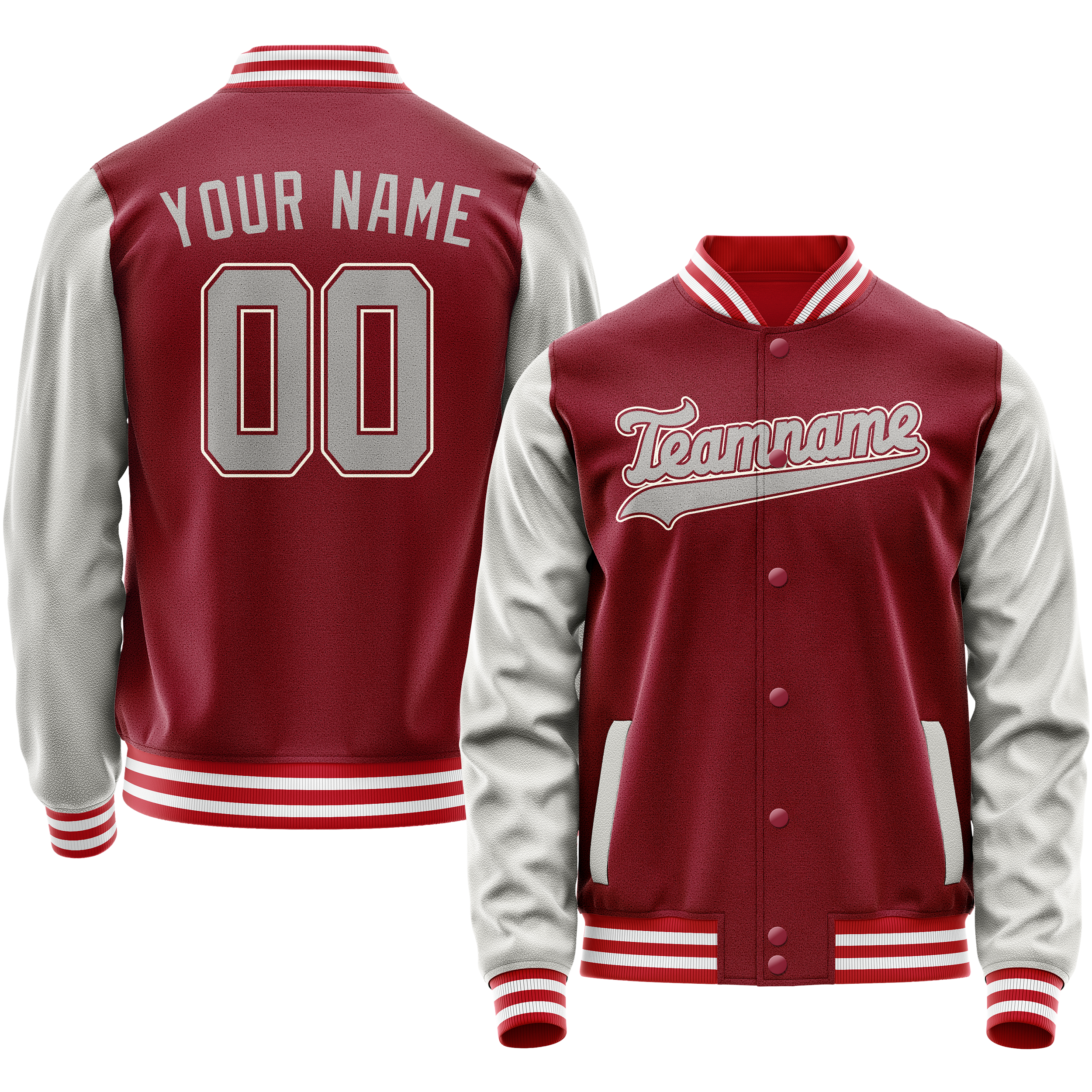 カスタムクリムゾンレッドグレー無地バーシティレターマンジャケット