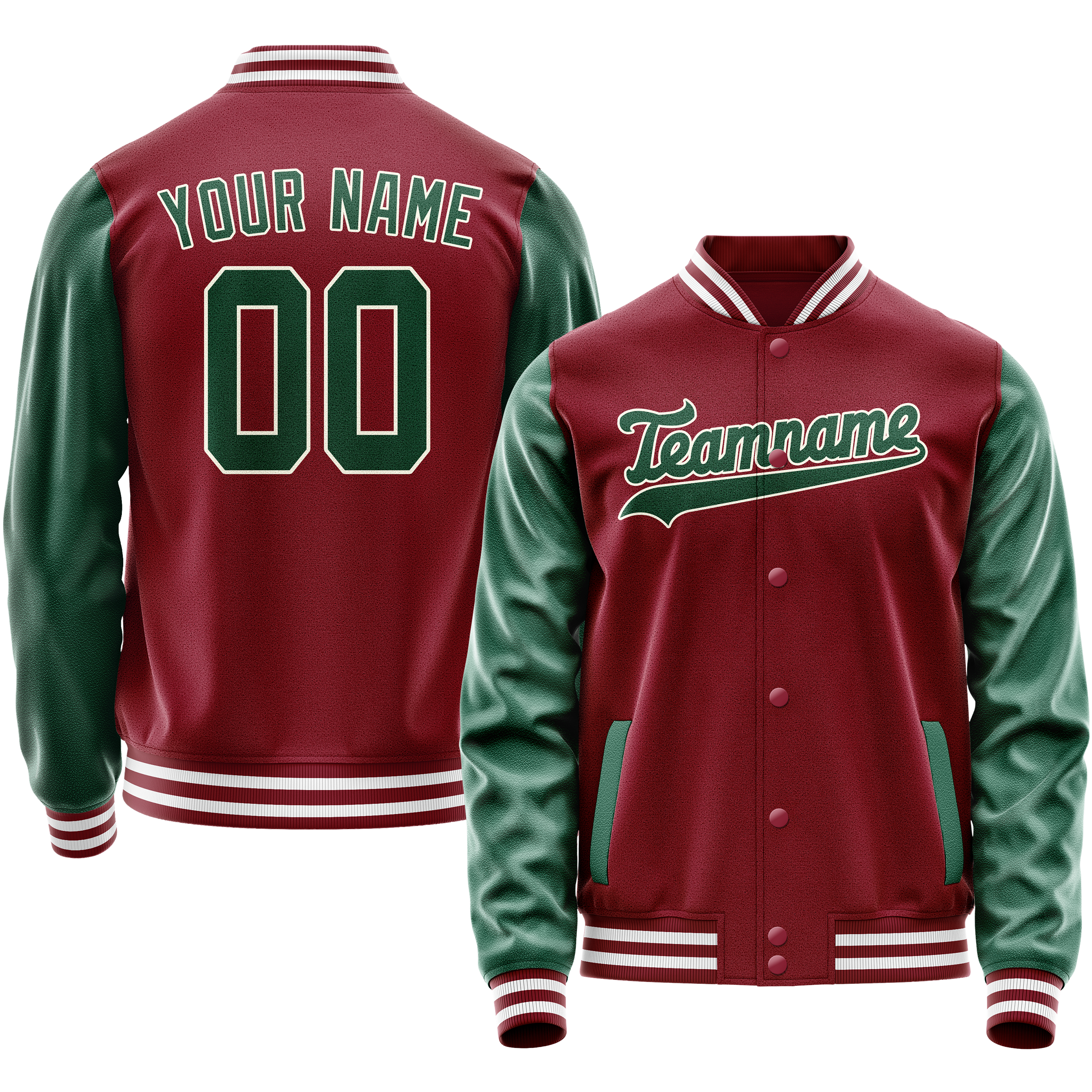 カスタムクリムゾンレッドグリーンソリッドカラーバーシティレターマンジャケット