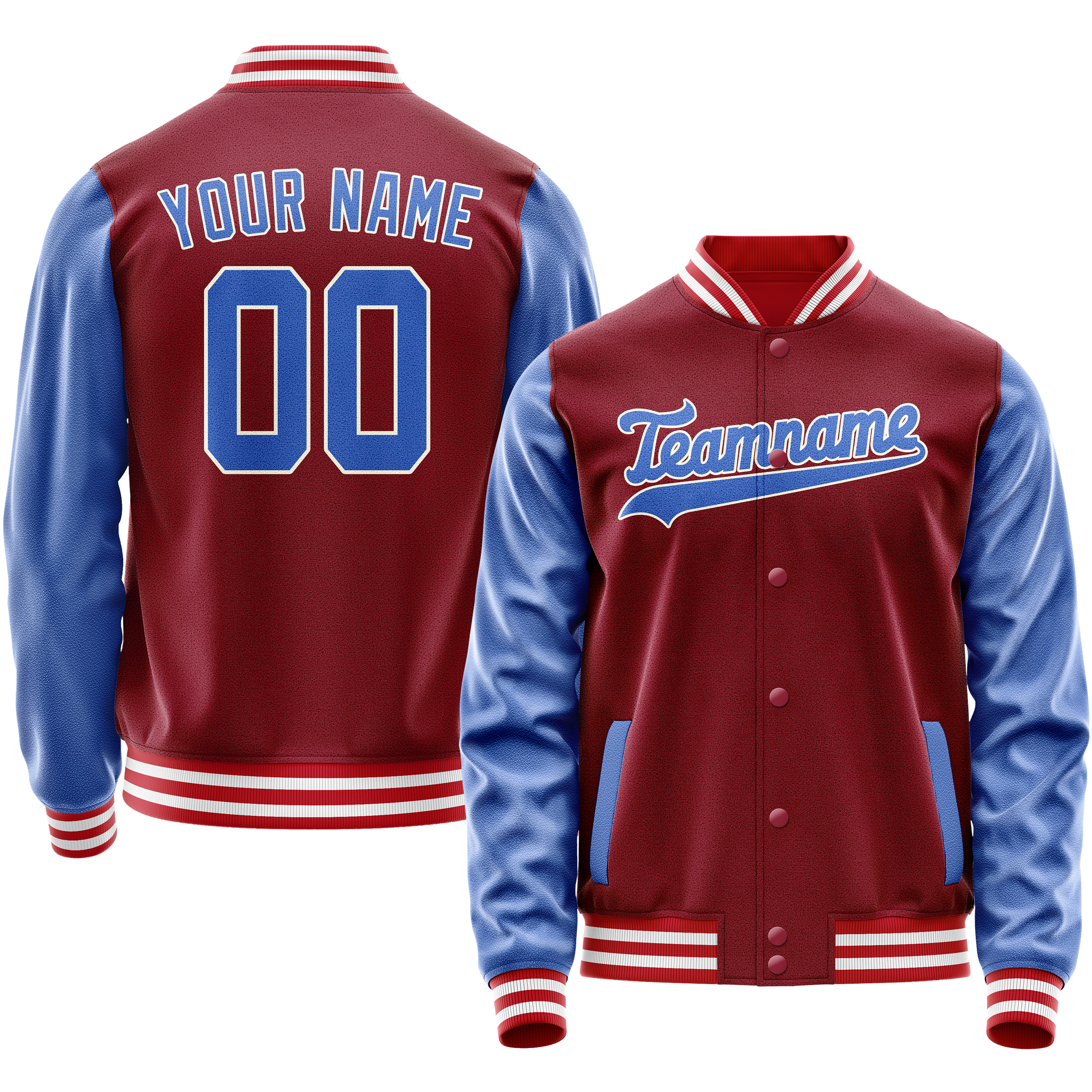 カスタムクリムゾンレッドライトブルー無地バーシティレターマンジャケット