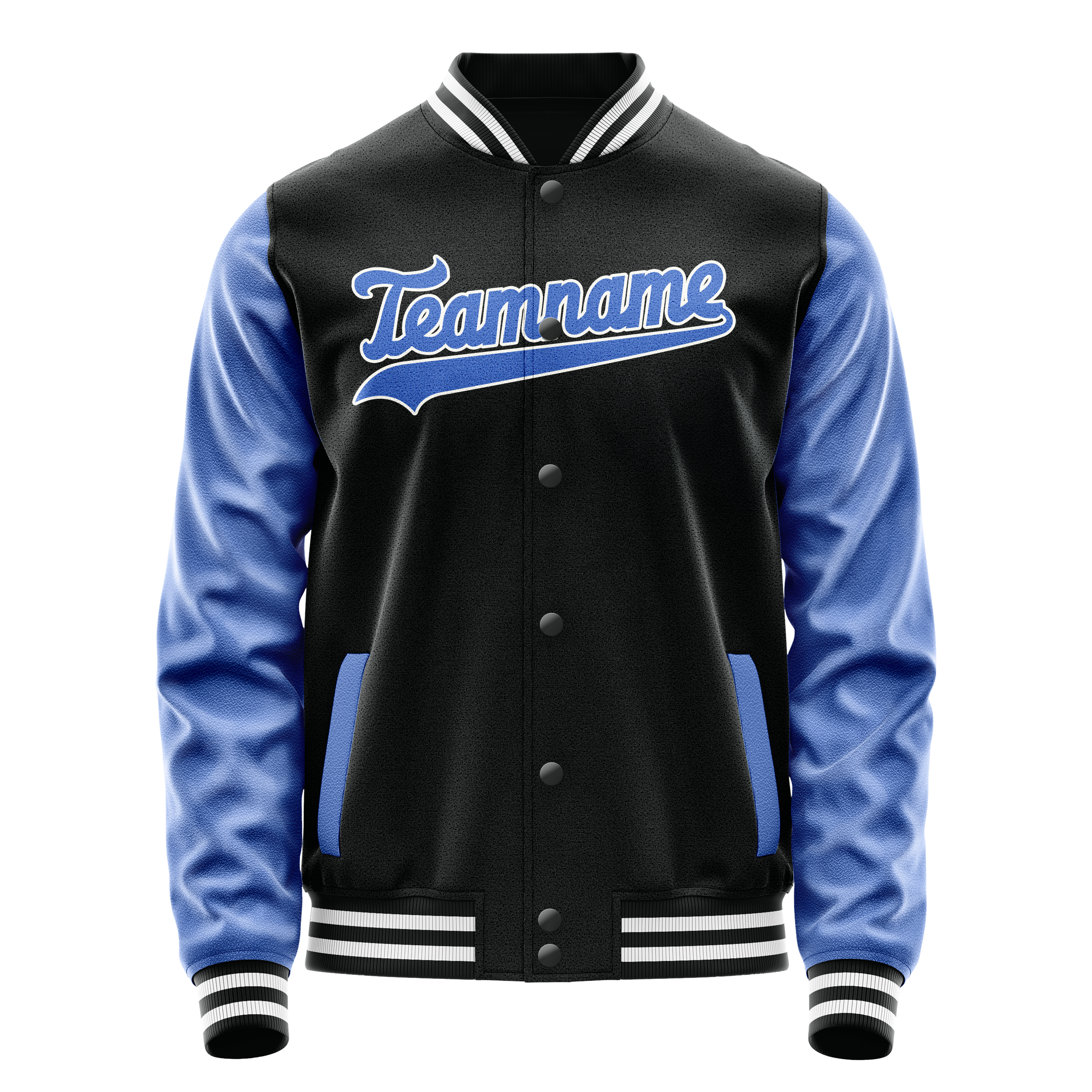 カスタムブラックライトブルー無地バーシティレターマンジャケット