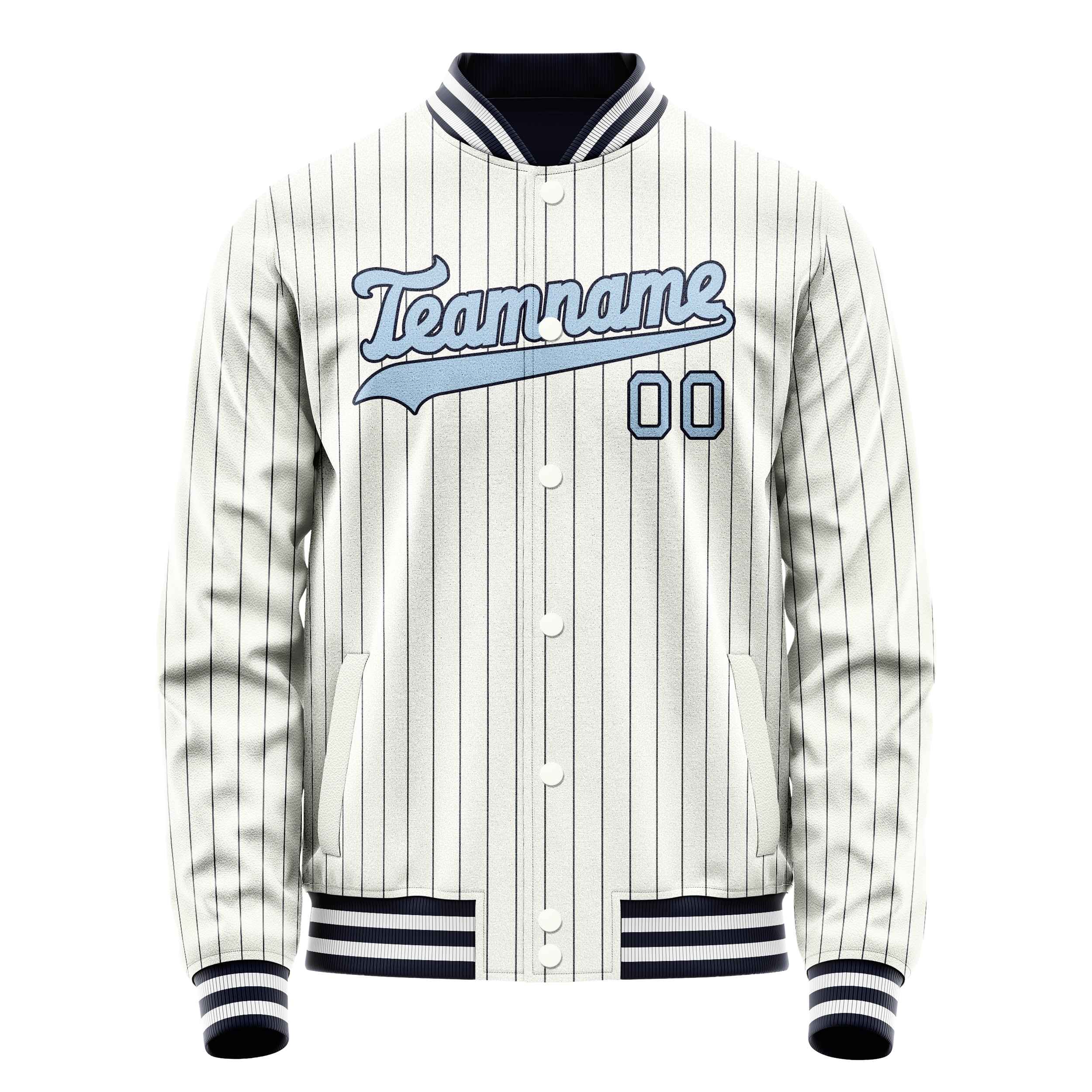 カスタムホワイトライトブルーネイビーピンストライプバーシティレターマンジャケット