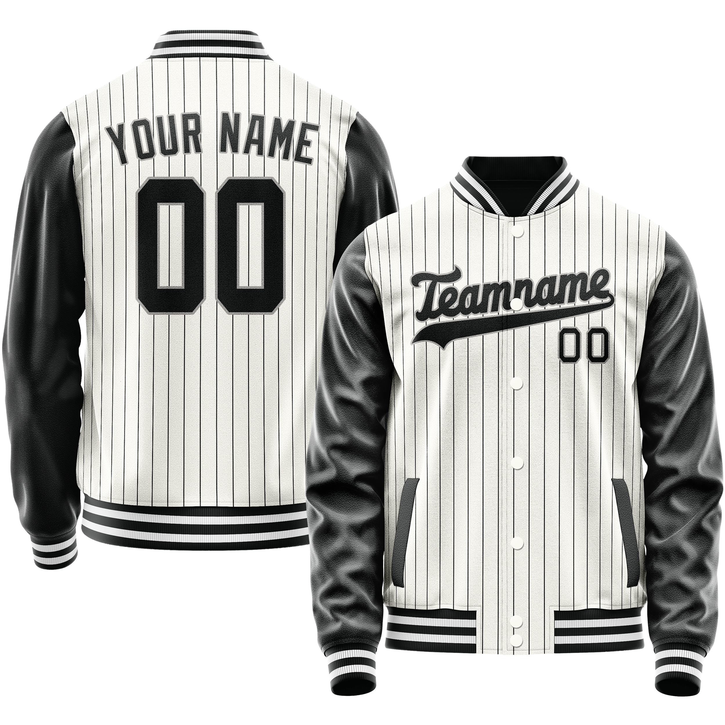 カスタムホワイトブラックグレーピンストライプバーシティレターマンジャケット