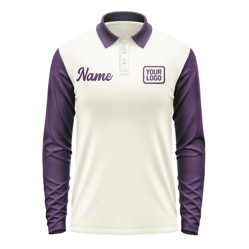 Custom Cream Purple Long Sleeve Polo Shirt Pl030707B107
