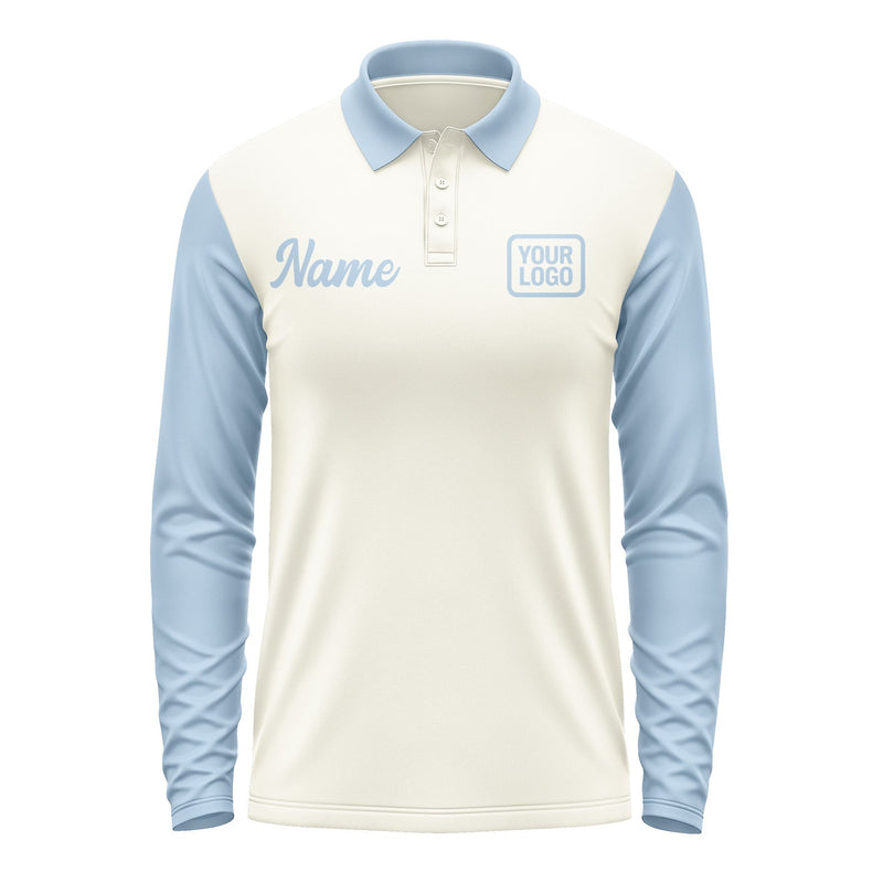Custom Cream Light Blue Long Sleeve Polo Shirt Pl030808B108