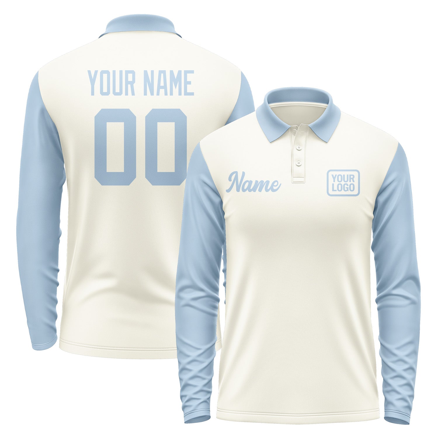 Custom Cream Light Blue Long Sleeve Polo Shirt Pl030808B108