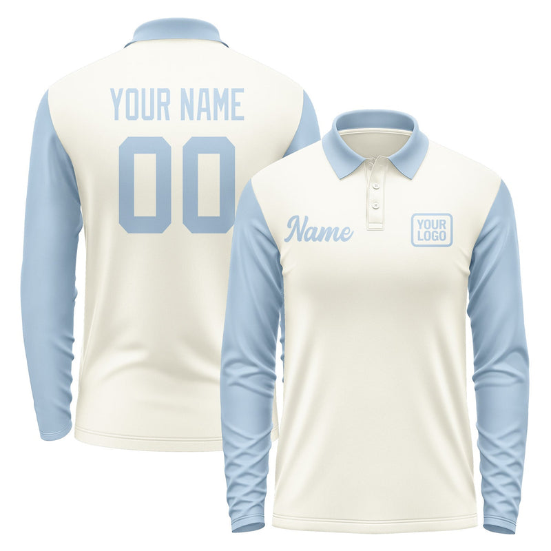 Custom Cream Light Blue Long Sleeve Polo Shirt Pl030808B108