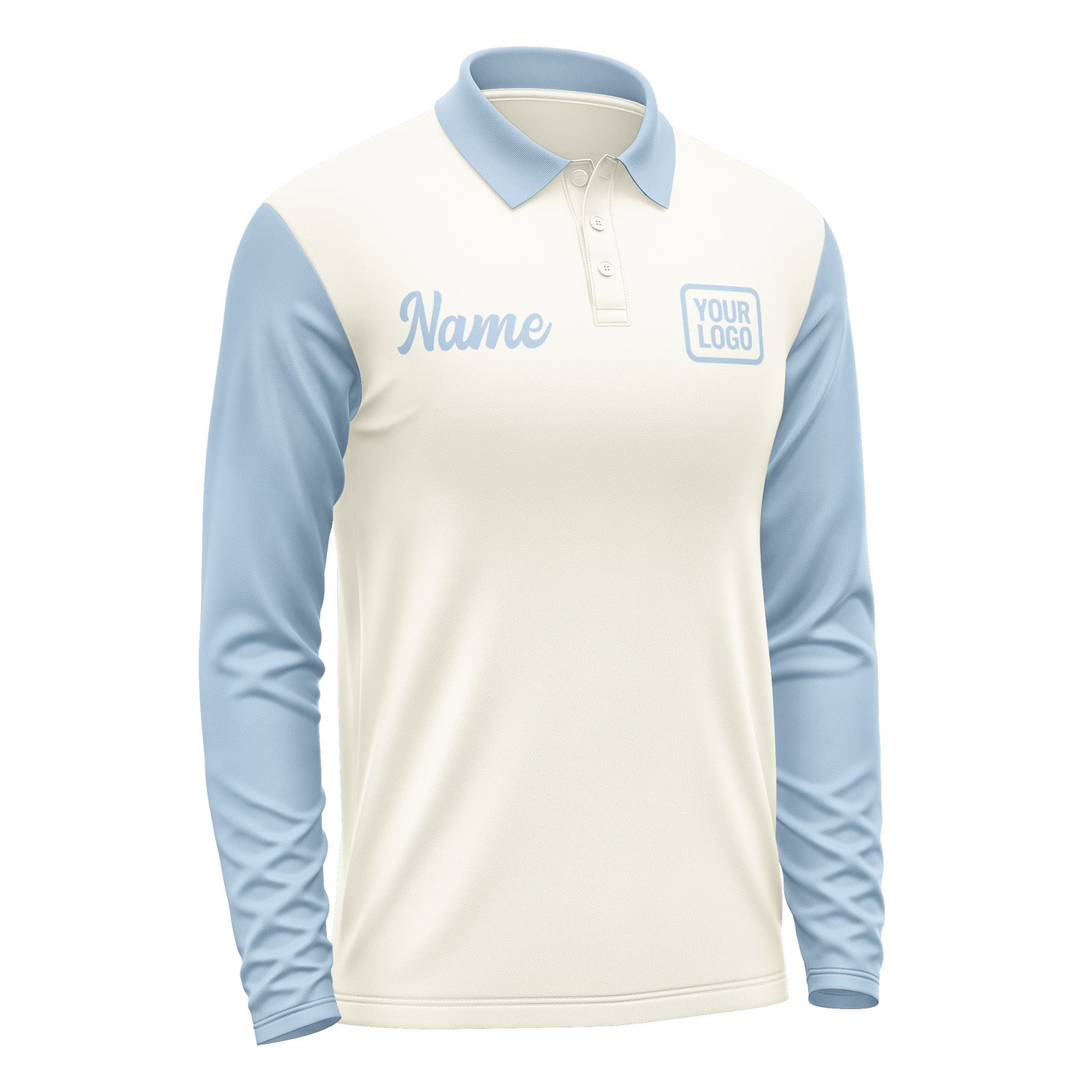 Custom Cream Light Blue Long Sleeve Polo Shirt Pl030808B108