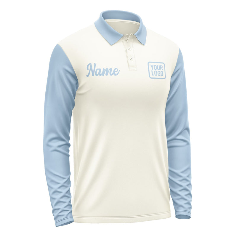 Custom Cream Light Blue Long Sleeve Polo Shirt Pl030808B108