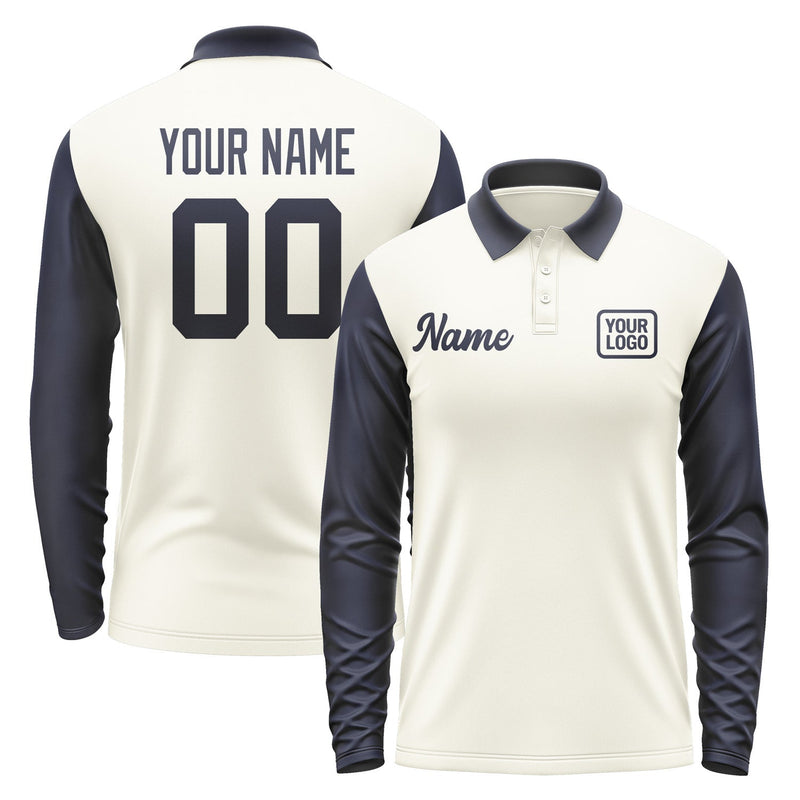 Custom Cream Navy Long Sleeve Polo Shirt Pl031111B111