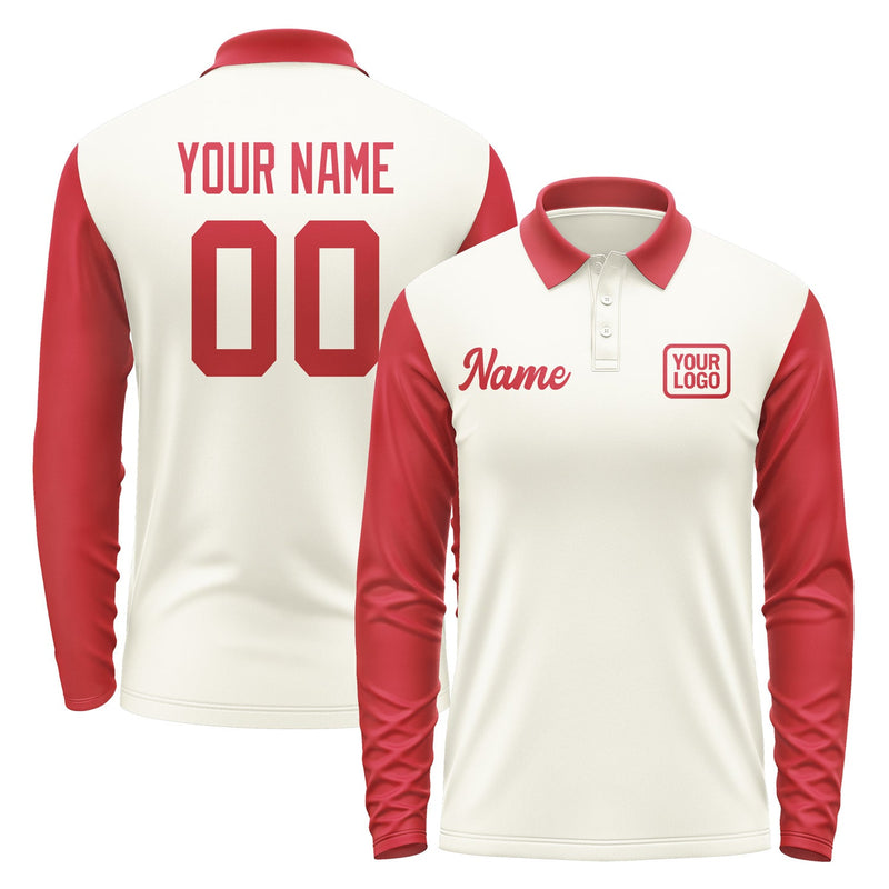 Custom Cream Red Long Sleeve Polo Shirt Pl031414B114