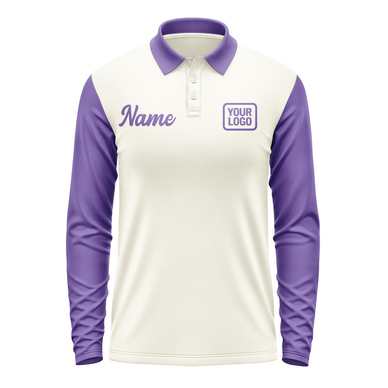 Custom Cream Light Purple Long Sleeve Polo Shirt Pl032323B123