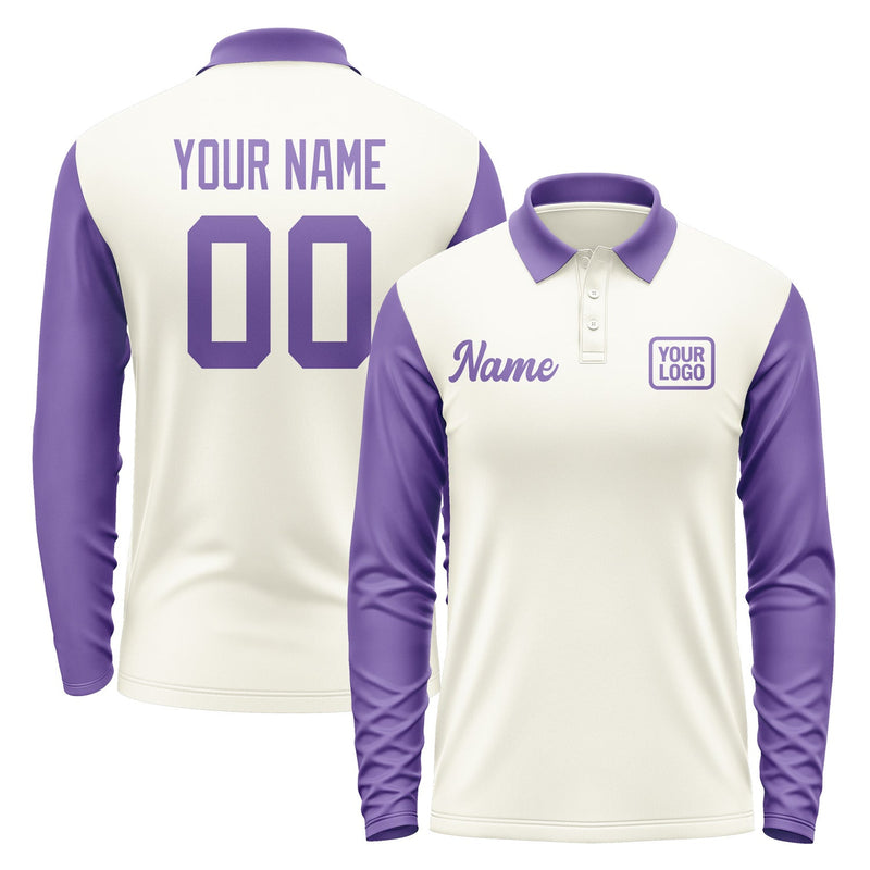 Custom Cream Light Purple Long Sleeve Polo Shirt Pl032323B123