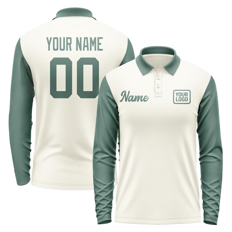 Custom Cream Blue Green Long Sleeve Polo Shirt Pl032727B127