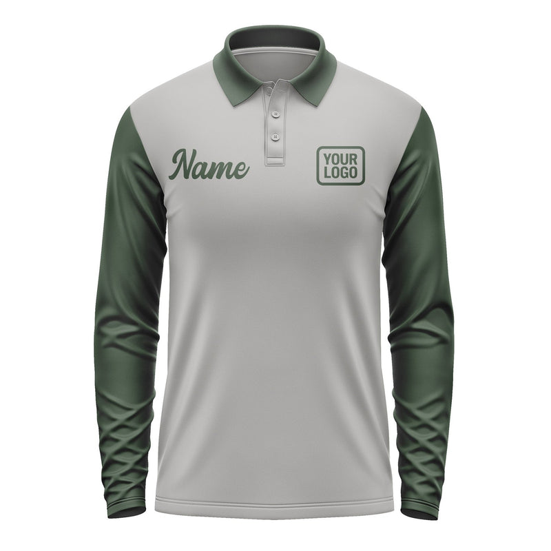 Custom Gray Dark Green Long Sleeve Polo Shirt Pl040606B106