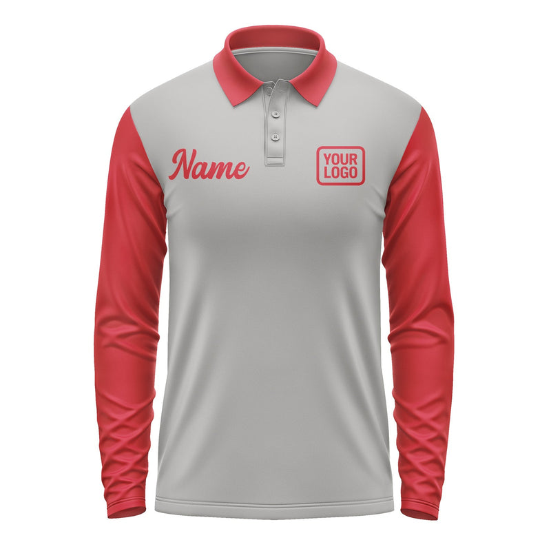 Custom Gray Red Long Sleeve Polo Shirt Pl041414B114