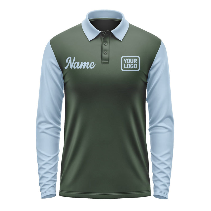 Custom Dark Green Light Blue Long Sleeve Polo Shirt Pl060808B108