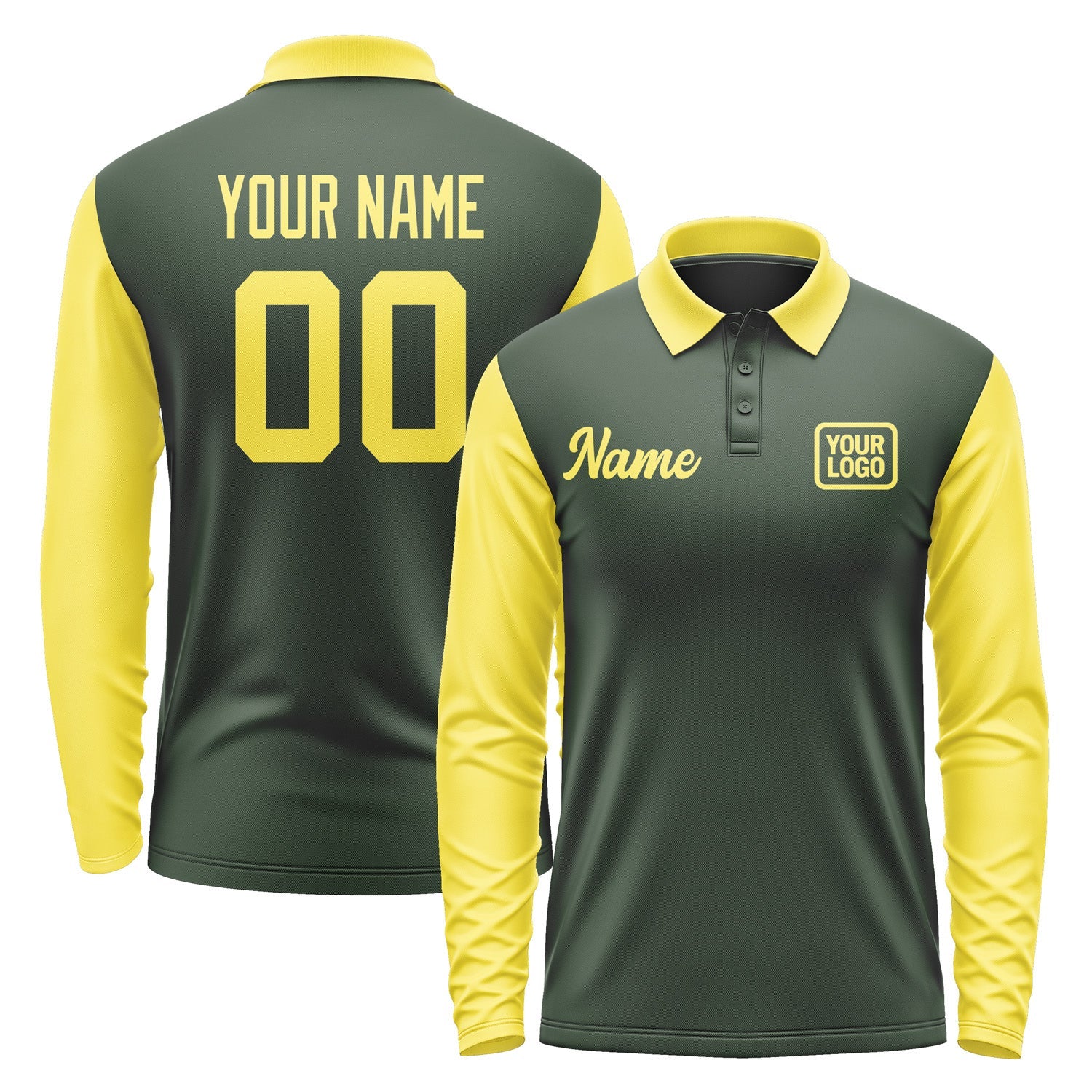 Custom Dark Green Light Yellow Long Sleeve Polo Shirt Pl062626B126