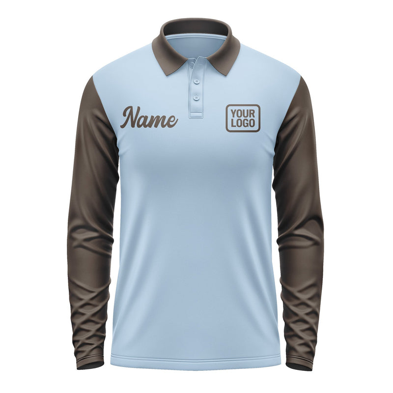 Custom Light Blue Brown Long Sleeve Polo Shirt Pl080101B101