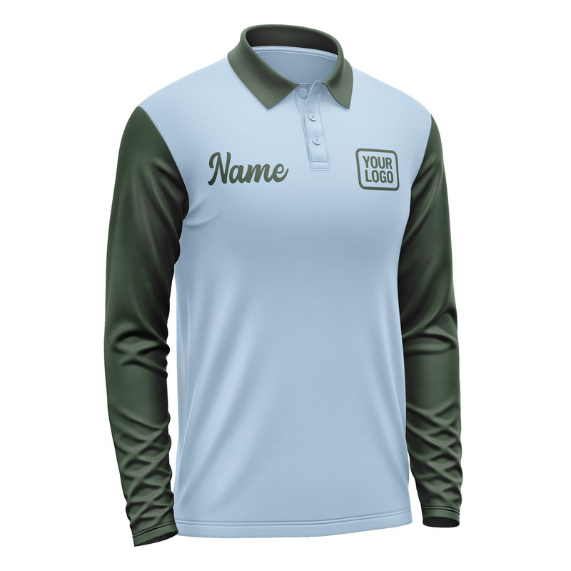 Custom Light Blue Dark Green Long Sleeve Polo Shirt Pl080606B106