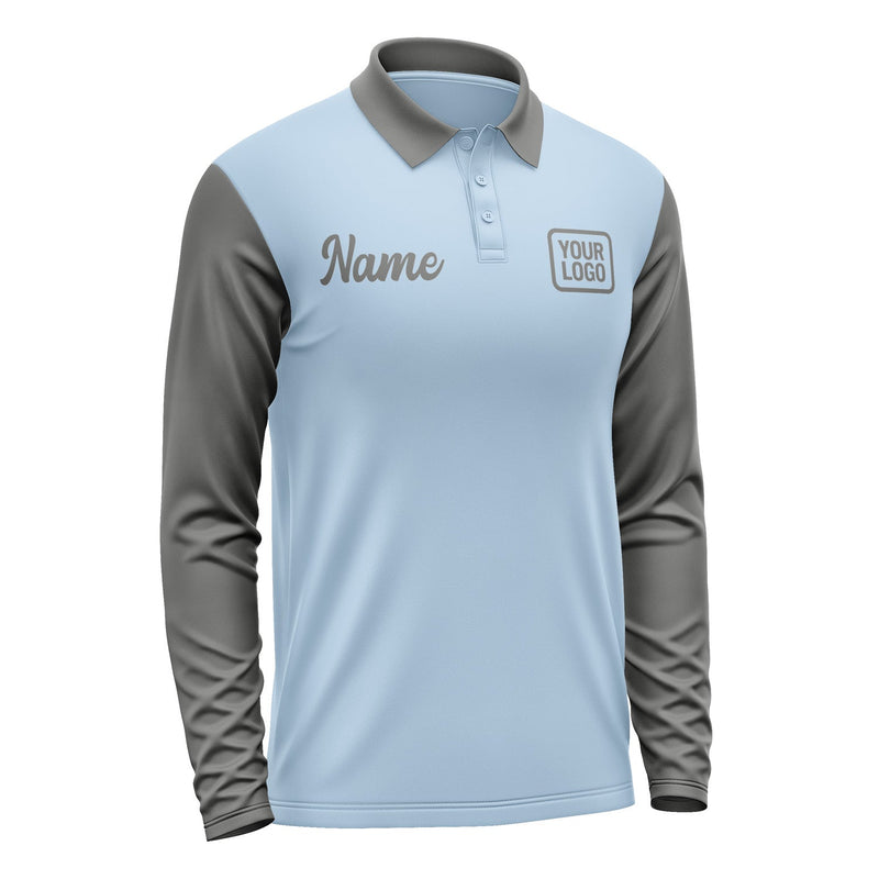 Custom Light Blue Dark Grey Long Sleeve Polo Shirt Pl082020B120