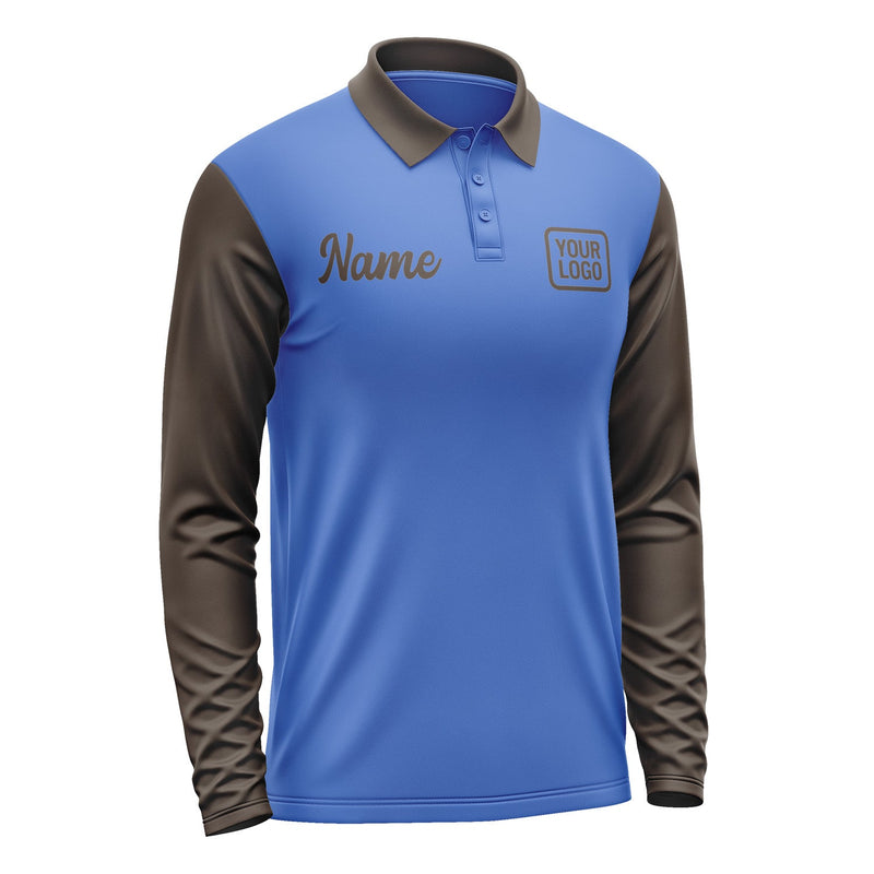 Custom Sky Blue Brown Long Sleeve Polo Shirt Pl090101B101