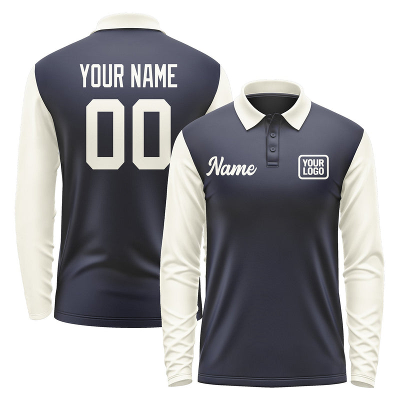 Custom Navy Cream Long Sleeve Polo Shirt Pl110303B103