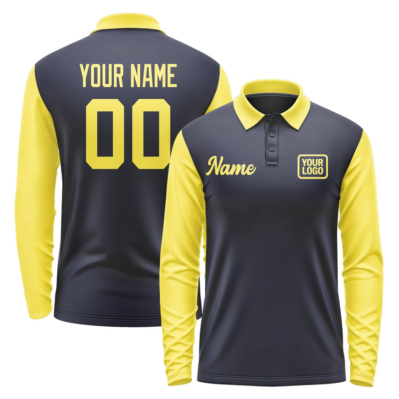 Custom Navy Light Yellow Long Sleeve Polo Shirt Pl112626B126