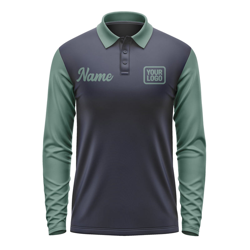 Custom Navy Blue Green Long Sleeve Polo Shirt Pl112727B127