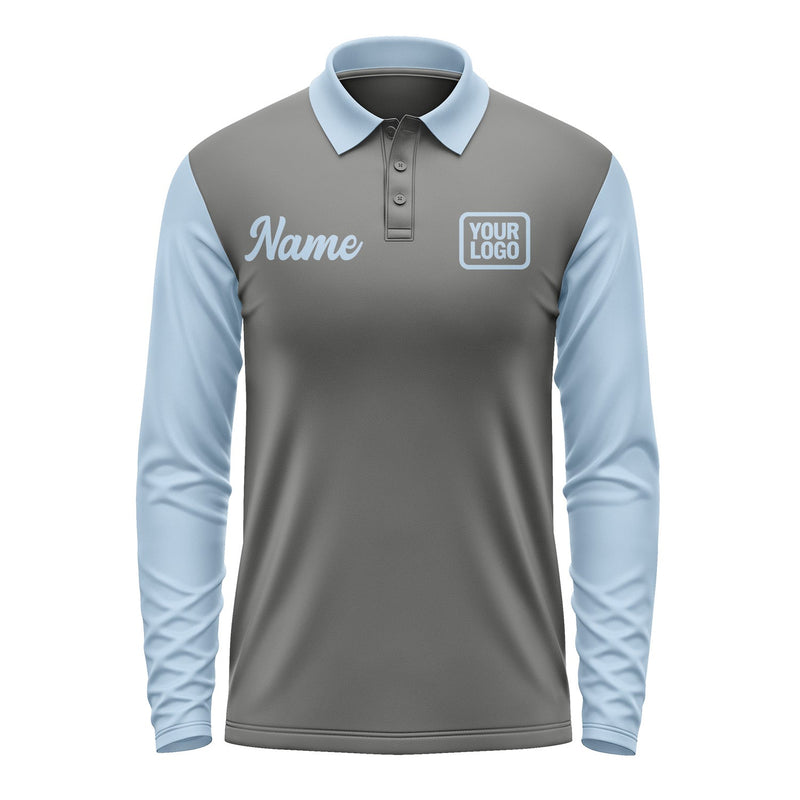 Custom Dark Grey Light Blue Long Sleeve Polo Shirt Pl200808B108