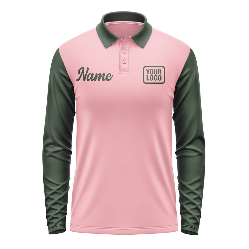 Custom Light Pink Dark Green Long Sleeve Polo Shirt Pl210606B106