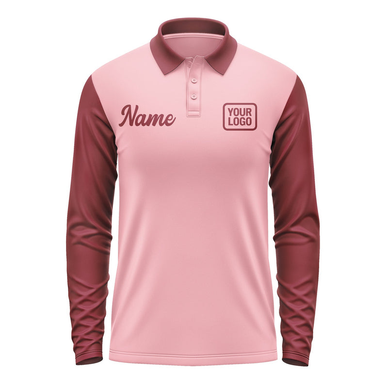 Custom Light Pink Crimson Red Long Sleeve Polo Shirt Pl211515B115