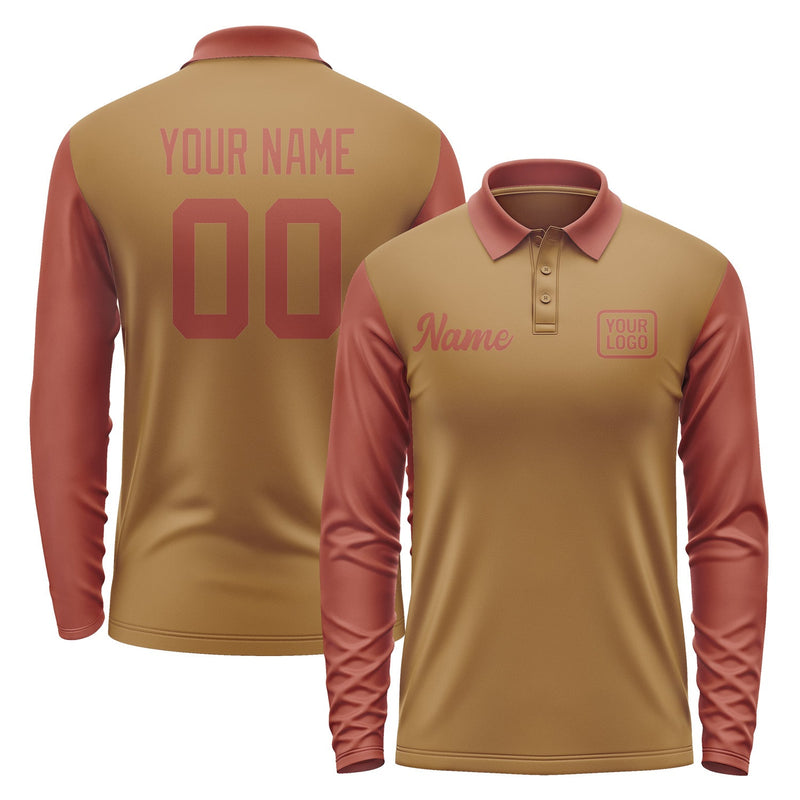 Custom Khaki Coral Red Long Sleeve Polo Shirt Pl221616B116